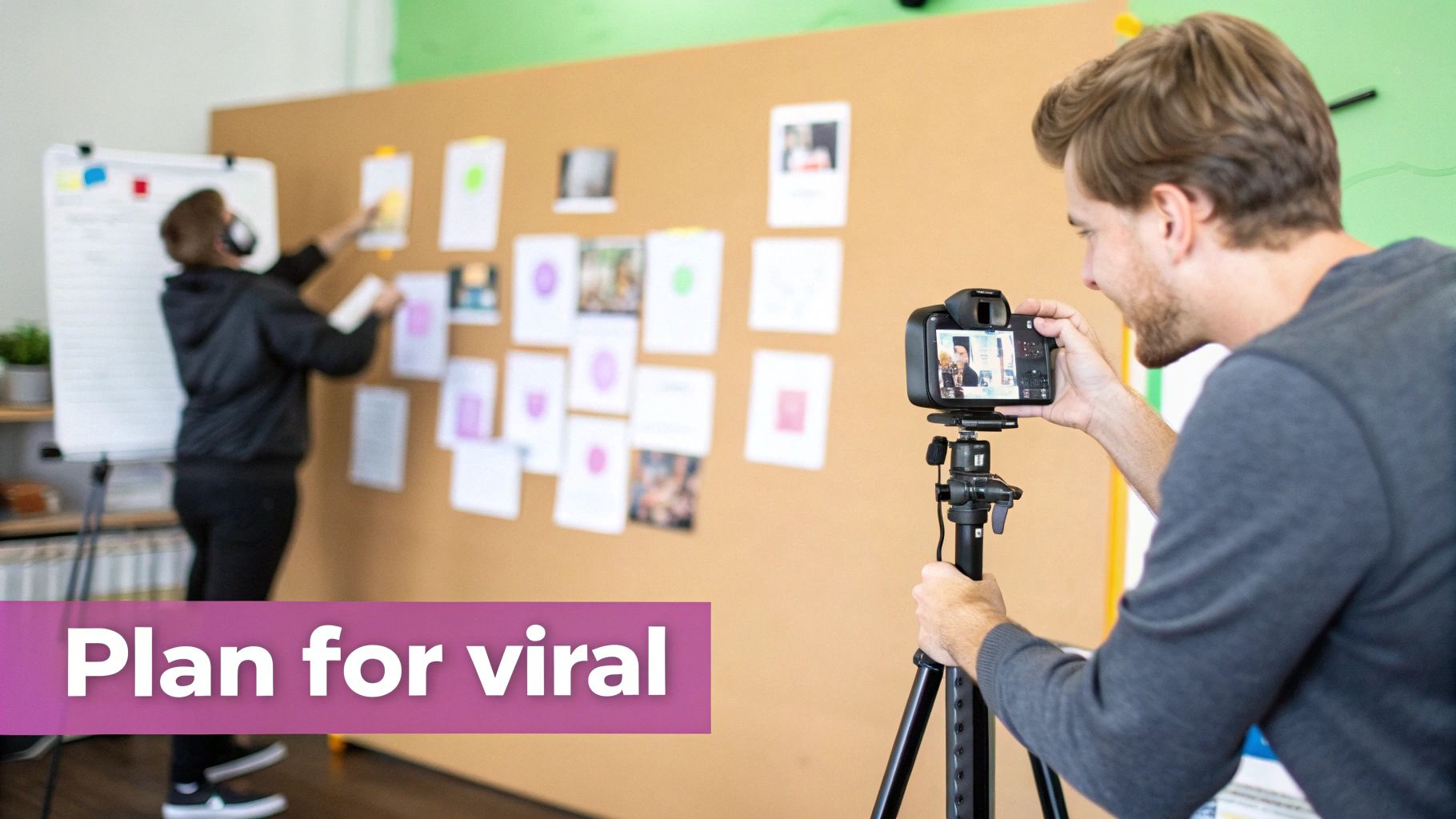 Content creator filming colleague arranging notes on corkboard for viral video production planning