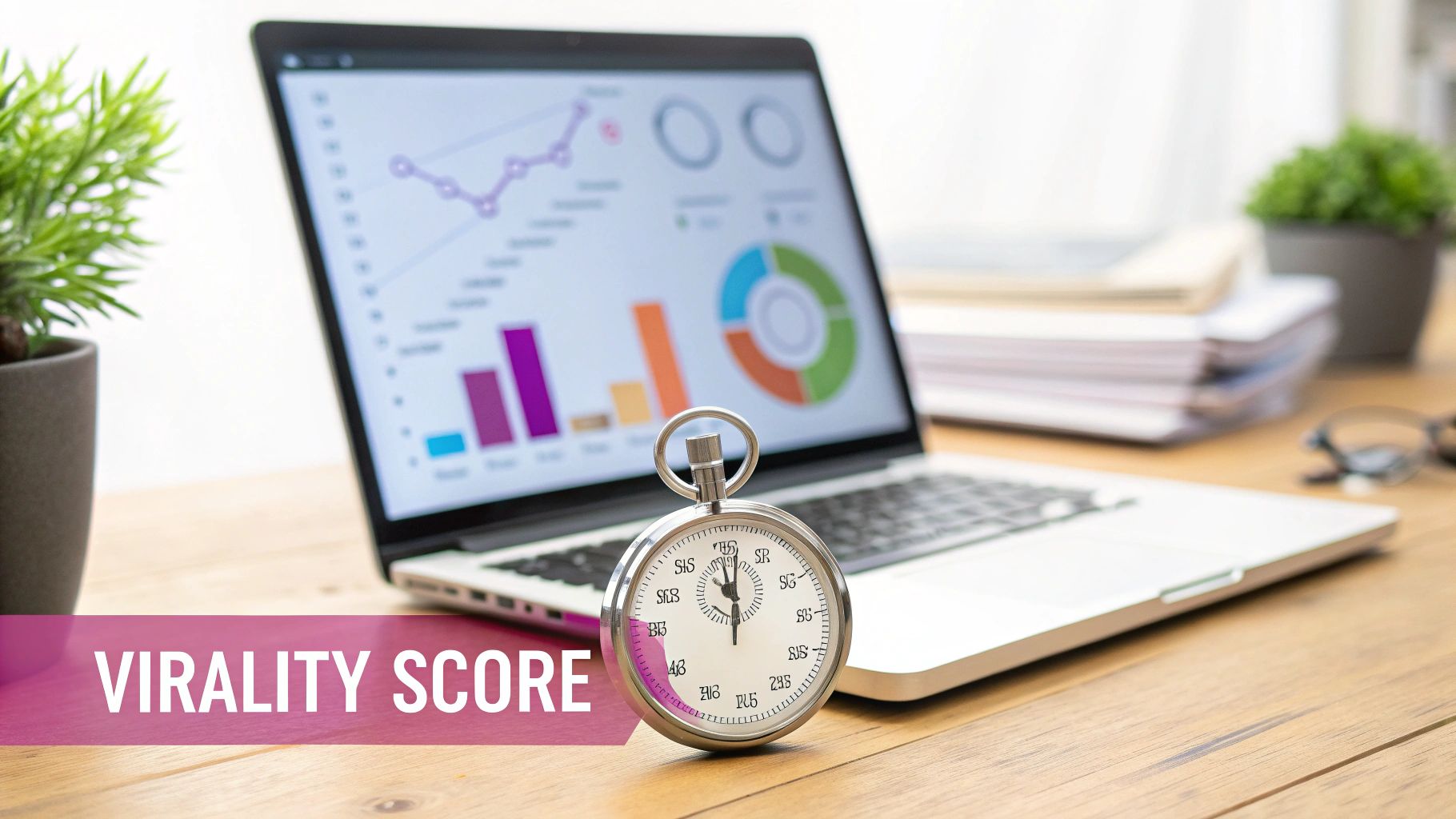 Stopwatch and laptop displaying analytics dashboard measuring content virality score and engagement metrics