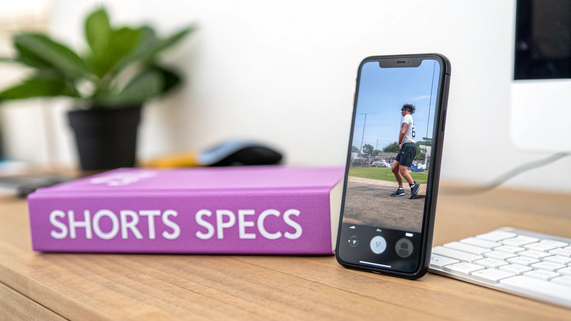 A smartphone displaying a video next to a purple box labeled 'SHORTS SPECS' on a wooden desk.