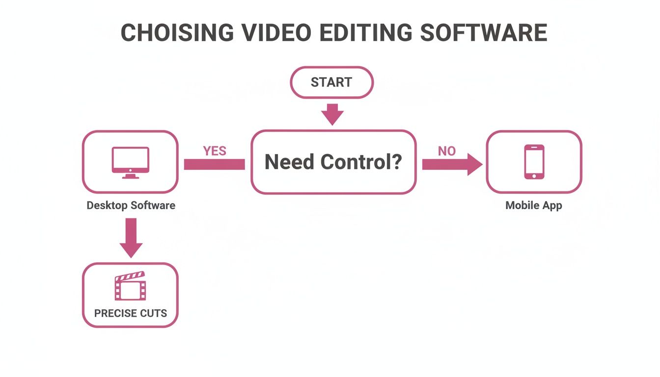 Flowchart for choosing video editing software, recommending desktop for control and mobile for simplicity.