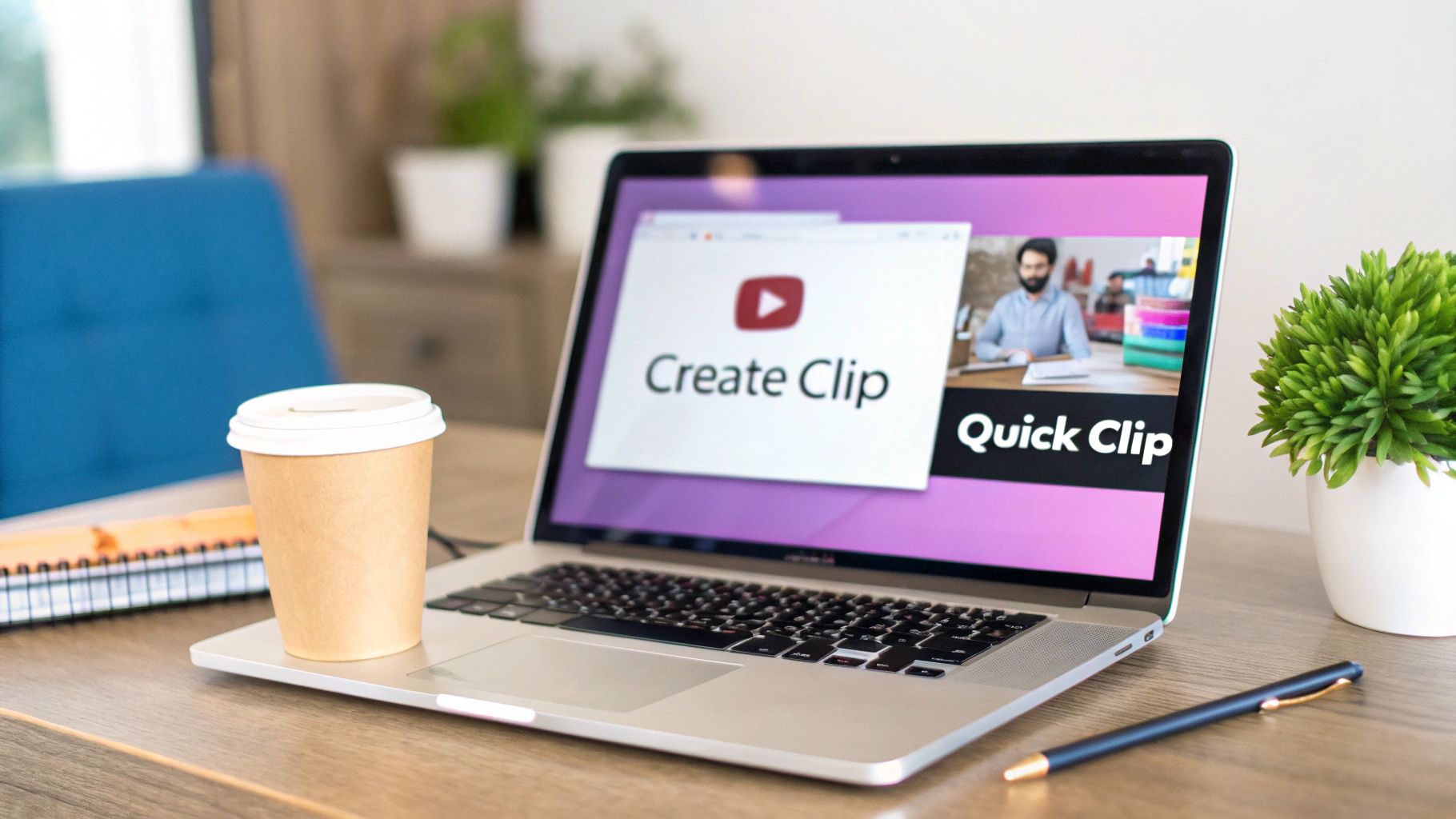 A laptop on a wooden desk showing YouTube's 'Create Clip' interface, with a coffee cup and pen.