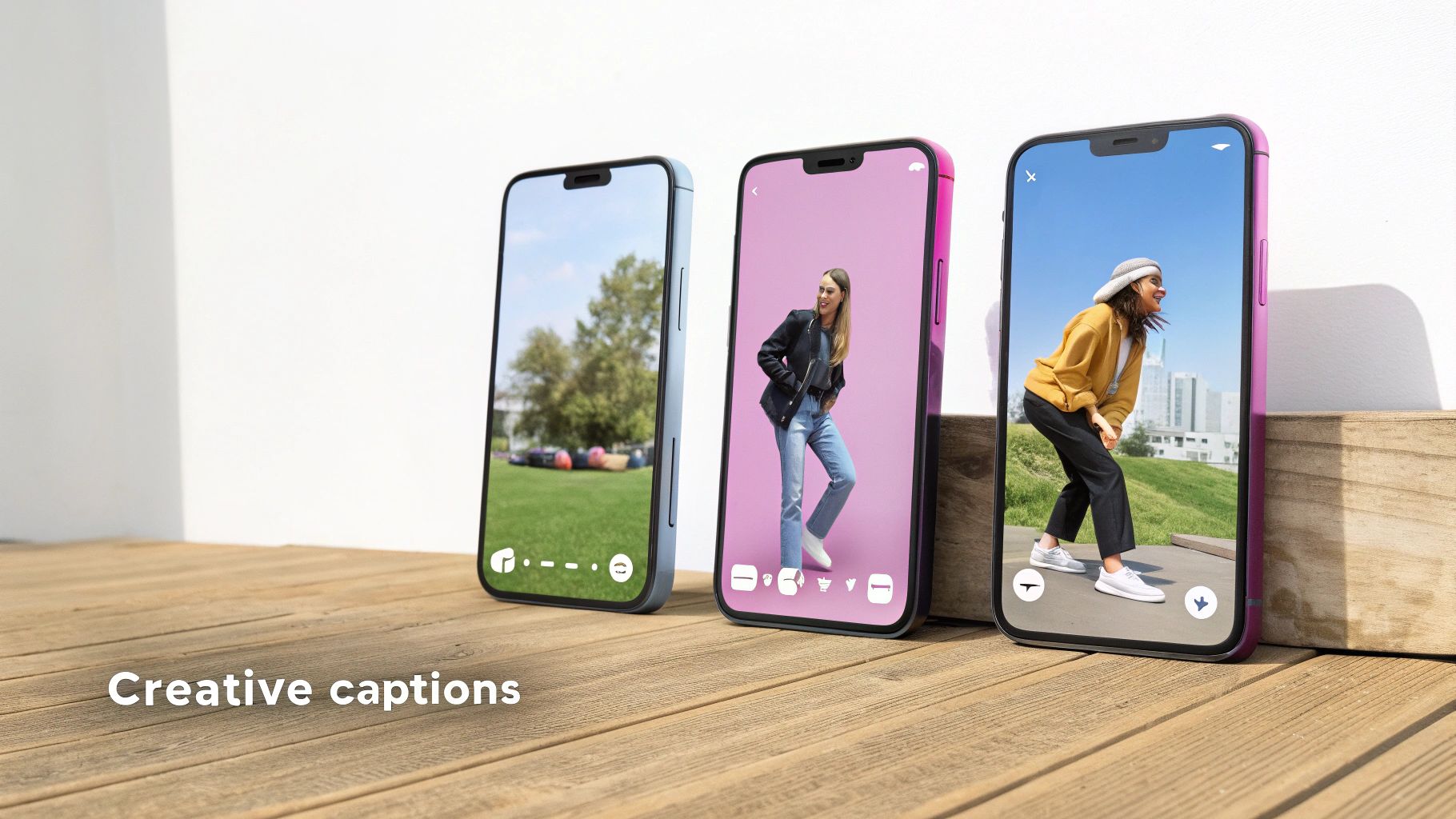 Three smartphones display creative captions and augmented reality features on a wooden table.