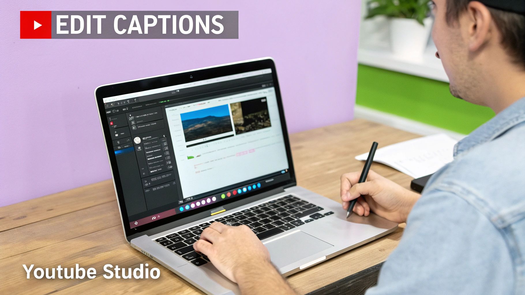 Person editing video captions on a laptop in YouTube Studio, while taking notes.