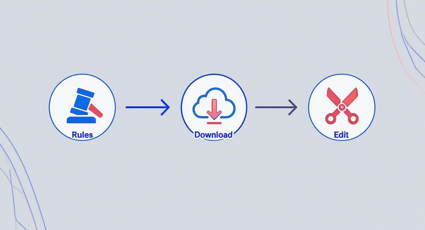 Three-step workflow diagram showing rules, download from cloud, and edit with scissors icons