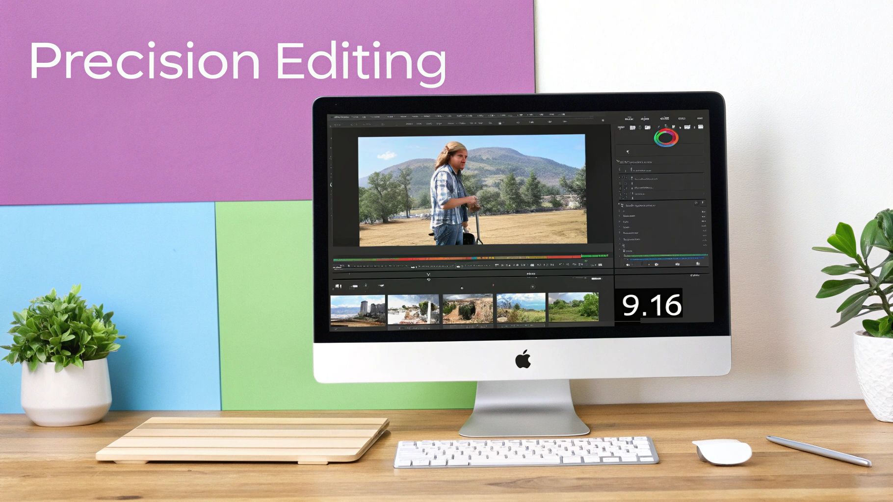 A desktop setup with an iMac displaying video editing software with clips and a person in a field.