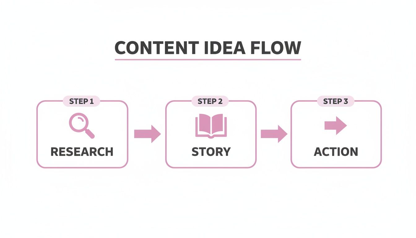 A three-step content idea flow diagram showing research, story, and action stages with icons.