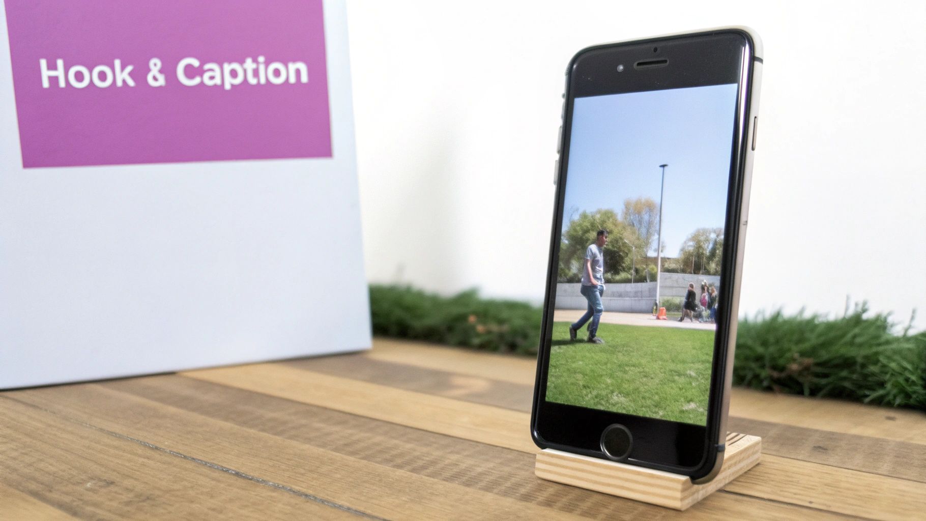 A smartphone on a wooden stand displays a video of a man walking on a grassy field, with a 'Hook & Caption' sign in the background.