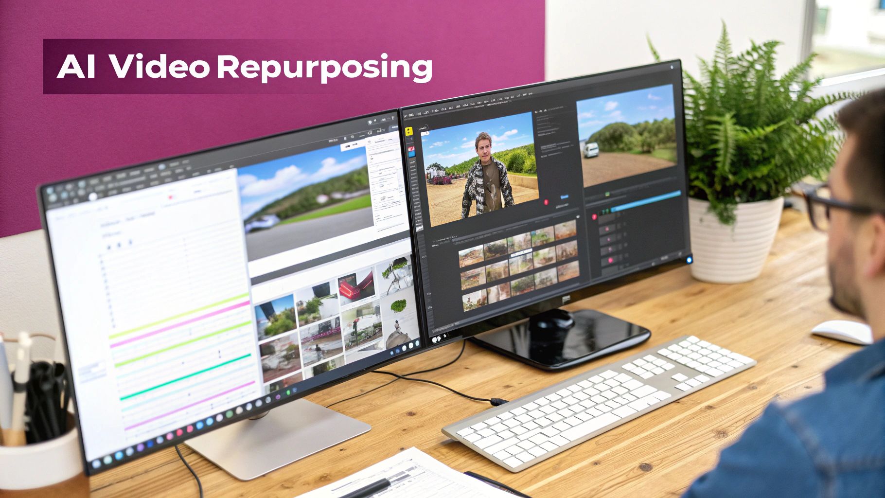 Person editing videos on a dual monitor setup featuring a person in a video frame and charts, with an 'AI Video Repurposing' banner.