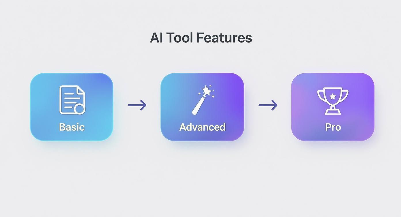 Three tier progression of AI tool features from Basic to Advanced to Pro levels