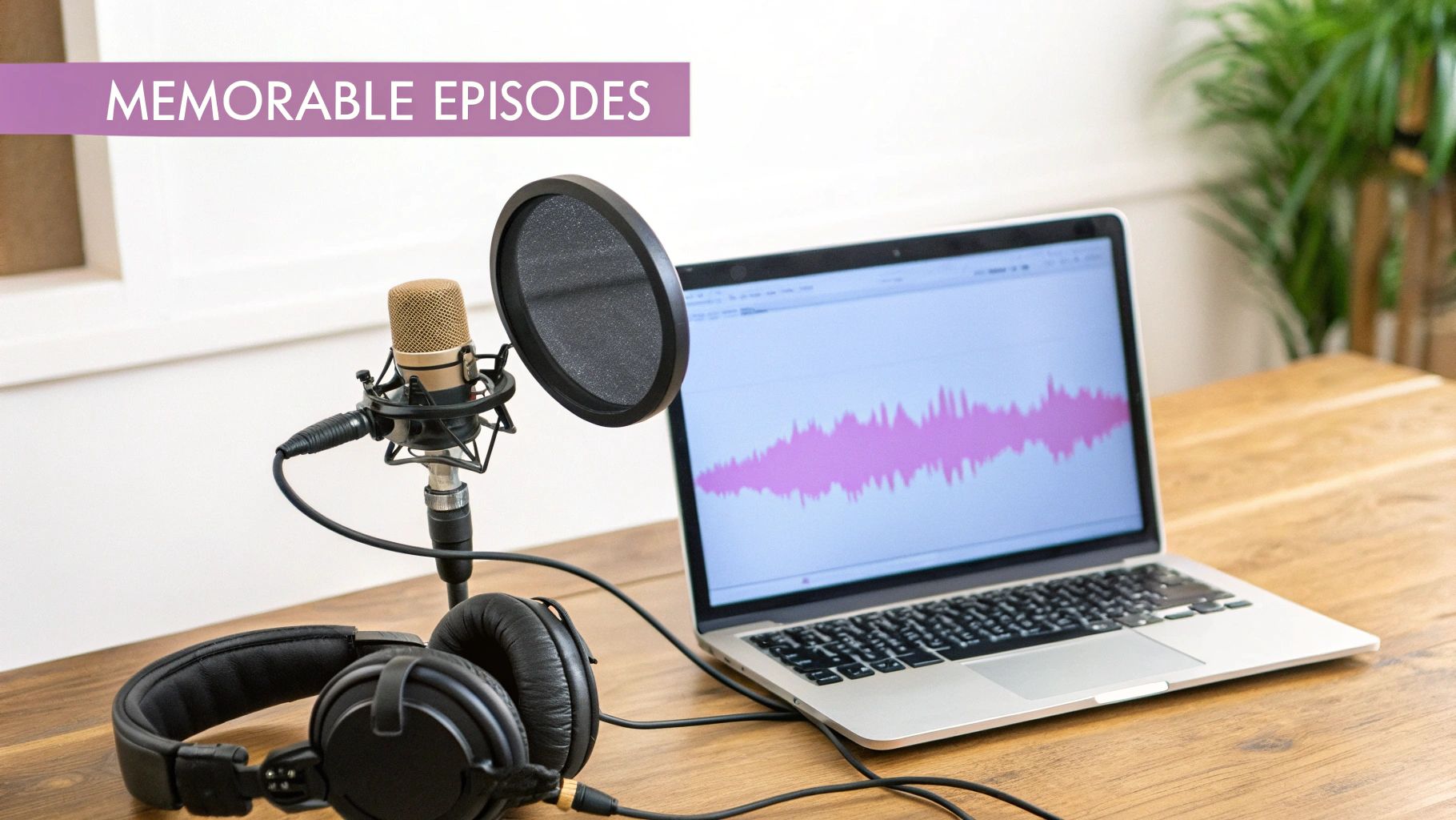 A podcaster speaking into a microphone with professional recording equipment.