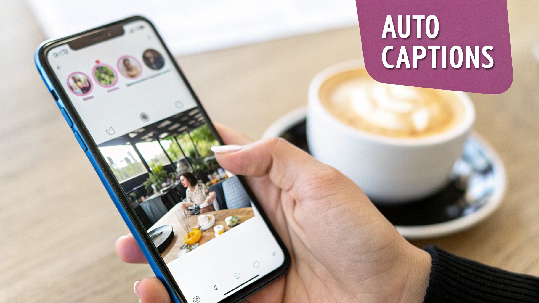 A hand holds a smartphone displaying Instagram, showing a post and a 'AUTO CAPTIONS' overlay.