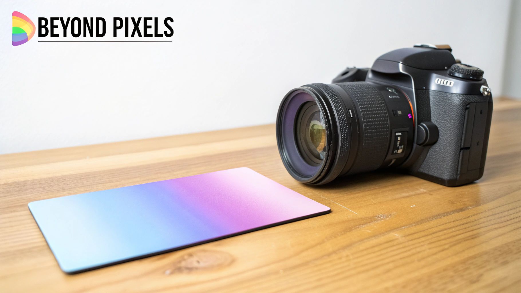 A black DSLR camera and a gradient colorful mat on a wooden desk with a 'Beyond' Pixels' logo.
