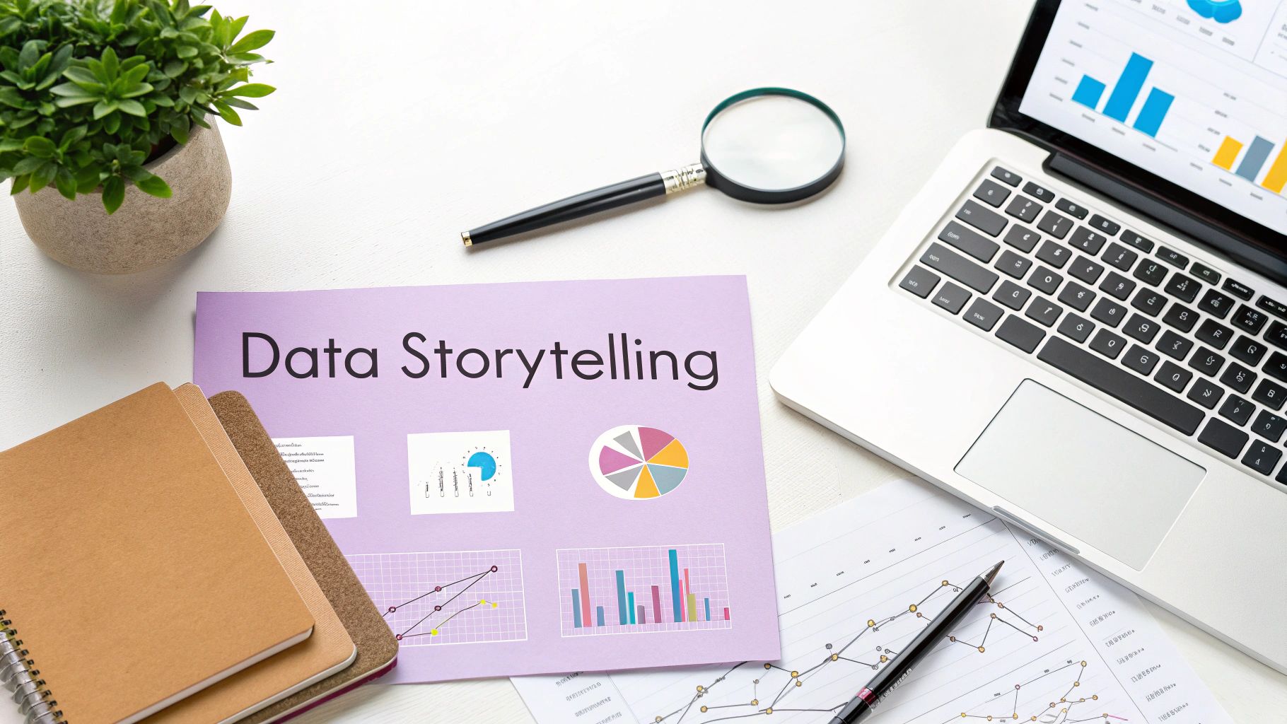 A "Data Storytelling" document with charts and graphs on a white desk with a laptop and notebooks.