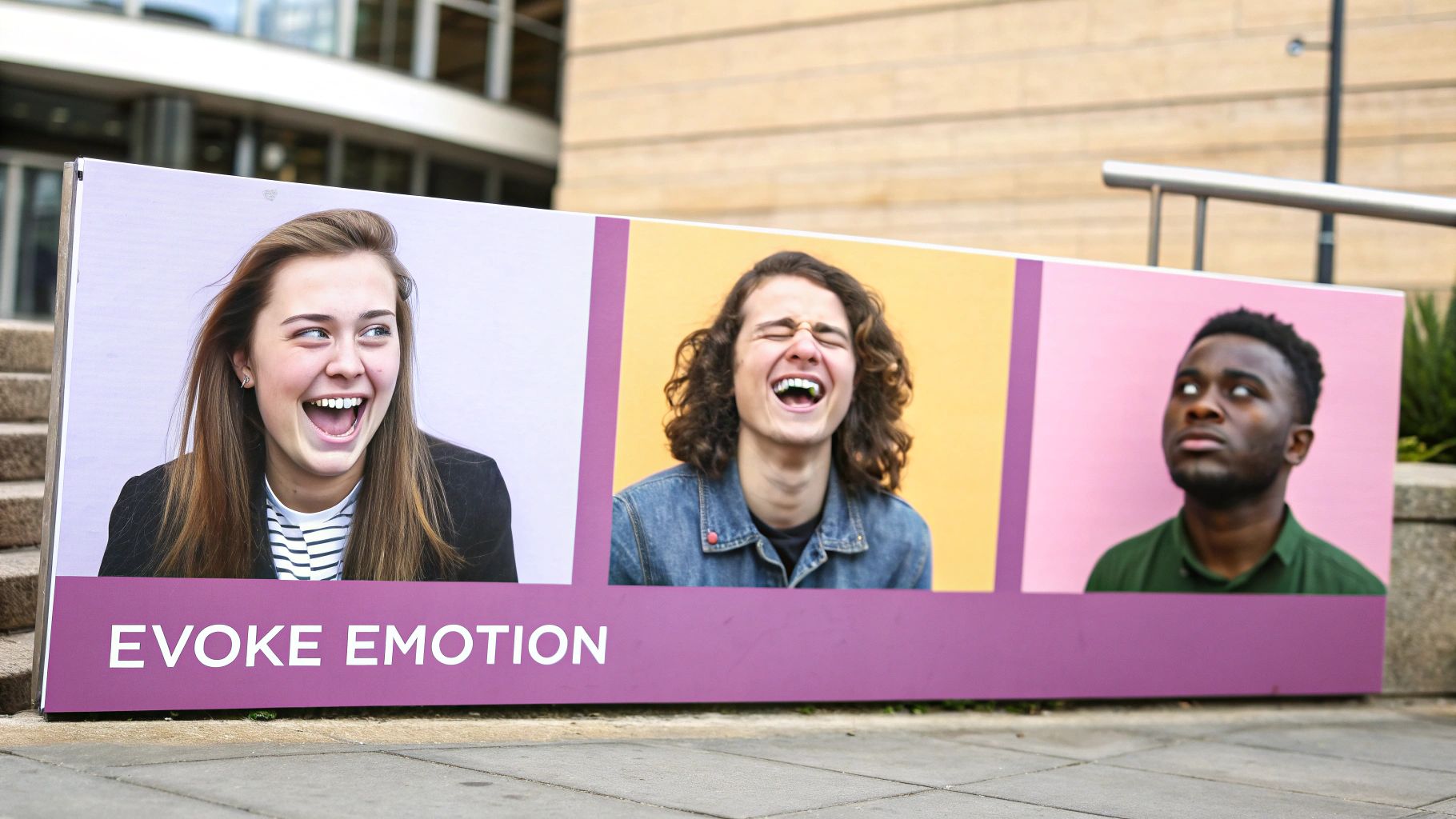 Outdoor banner showcasing three portraits of diverse people expressing various emotions like joy and wonder.