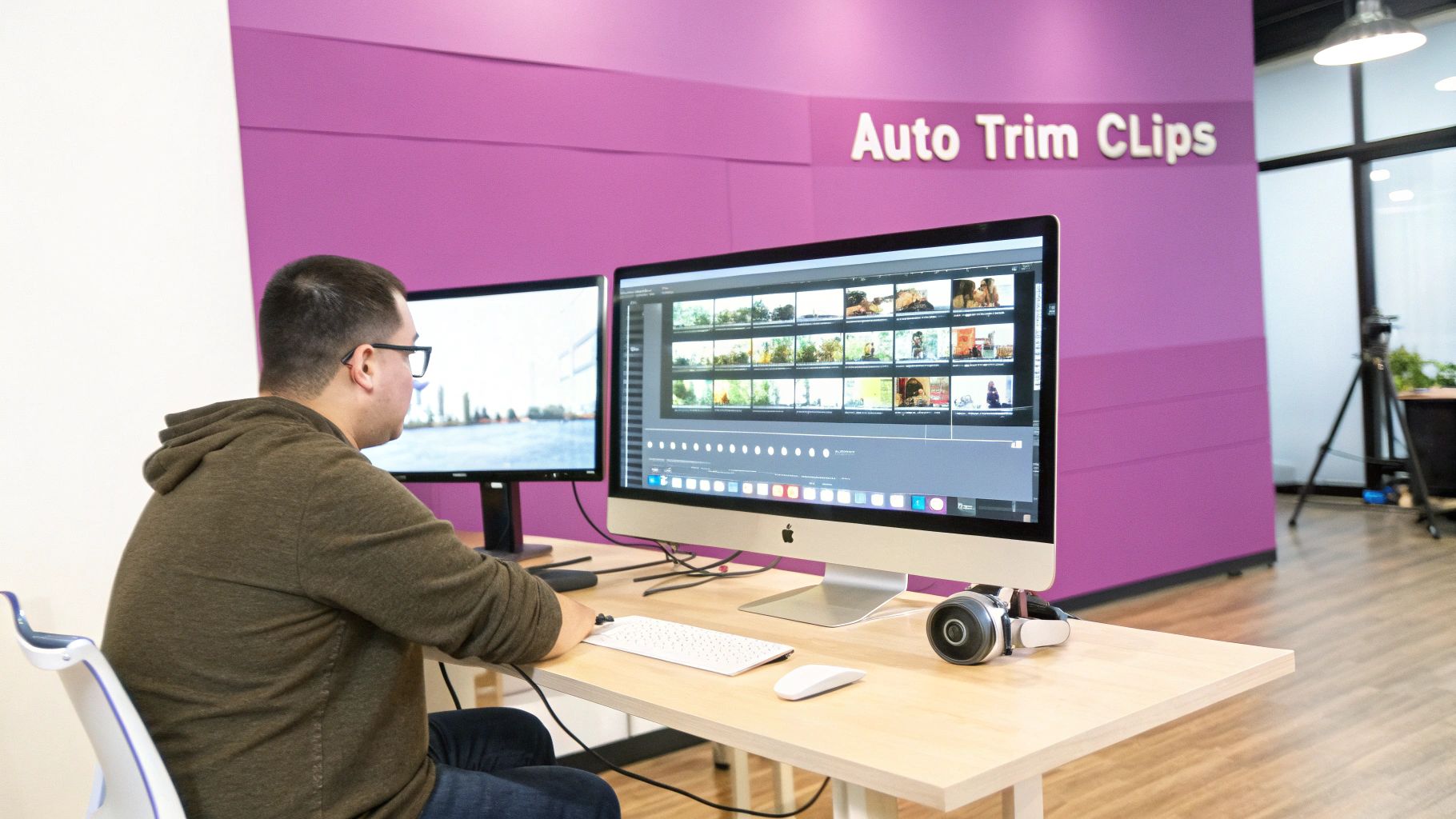 A man wearing glasses is seated at a desk, editing video on two computer monitors.