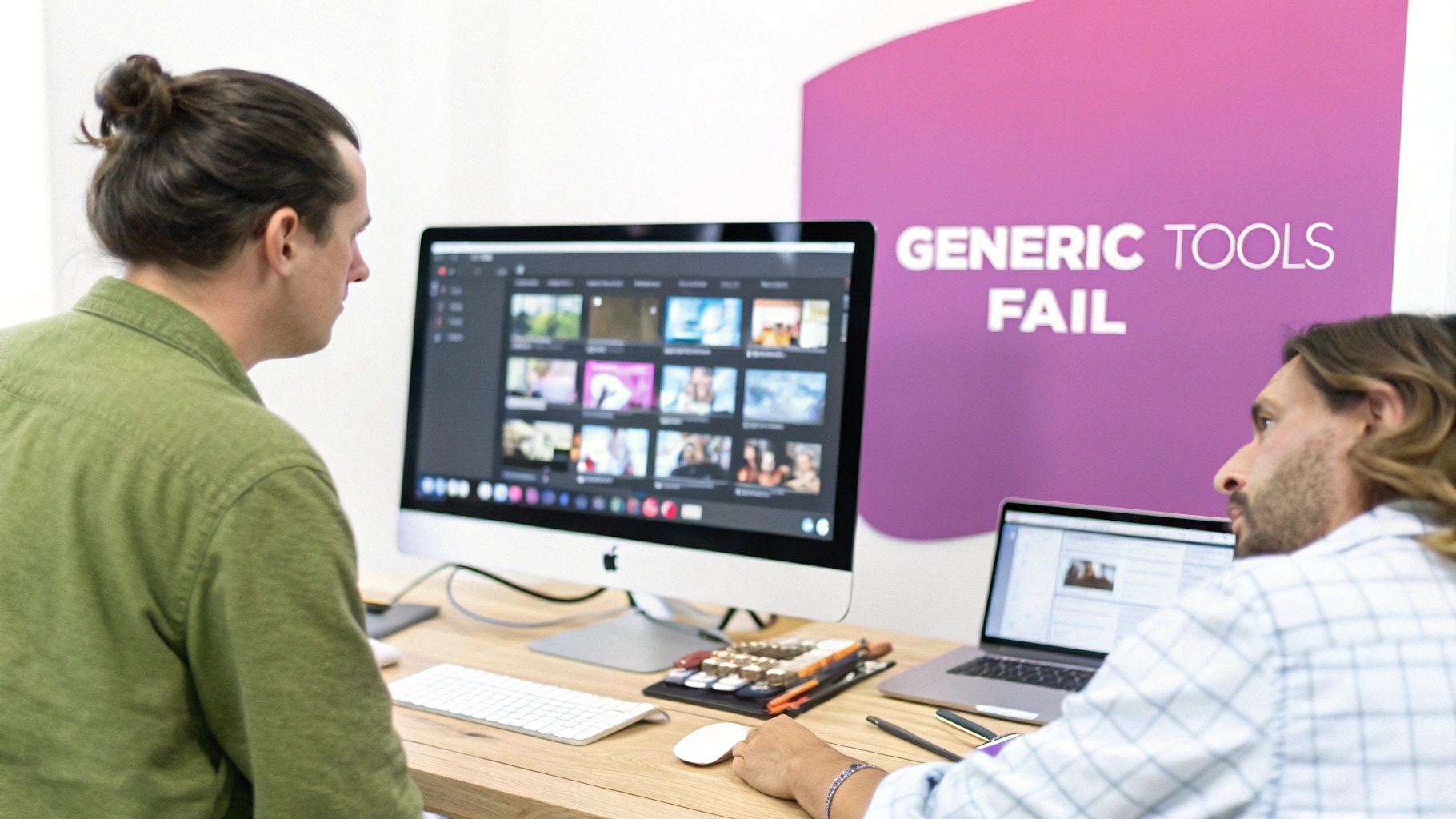 Two men focused on computers, seemingly editing video for social media in an office.