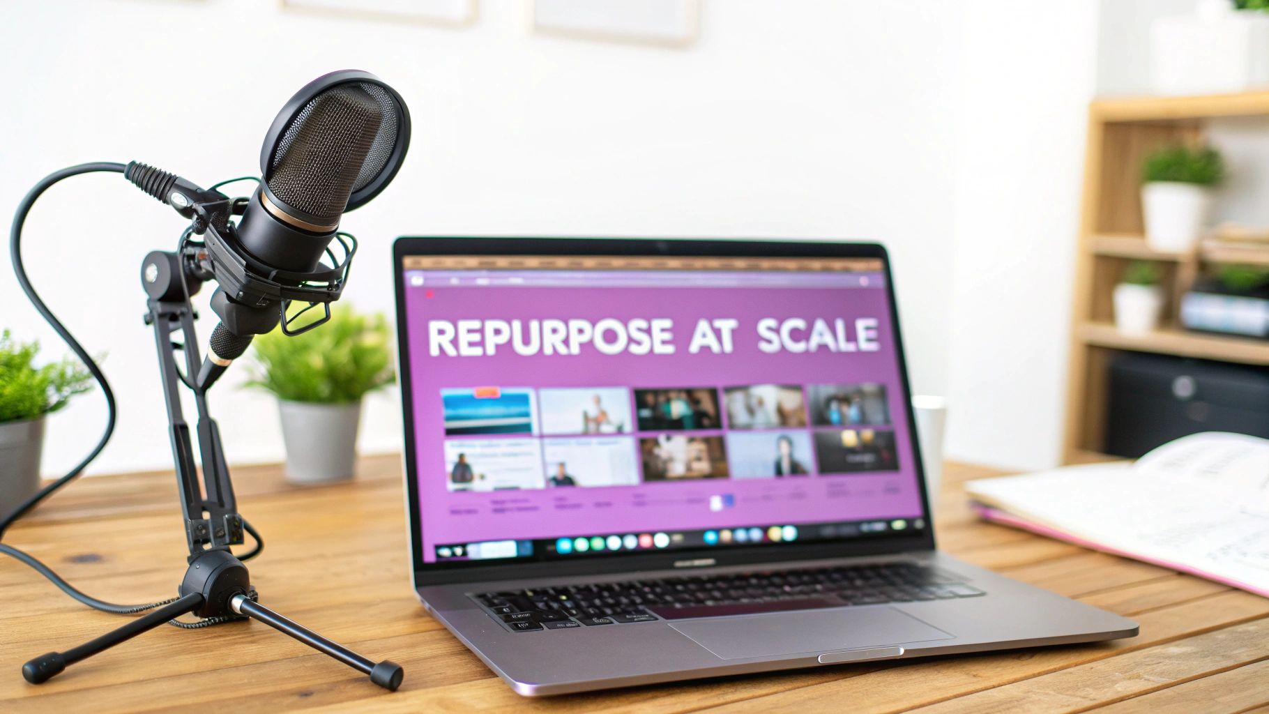 A black podcast microphone on a stand next to a laptop displaying 'REPURPOSE AT SCALE' on screen.
