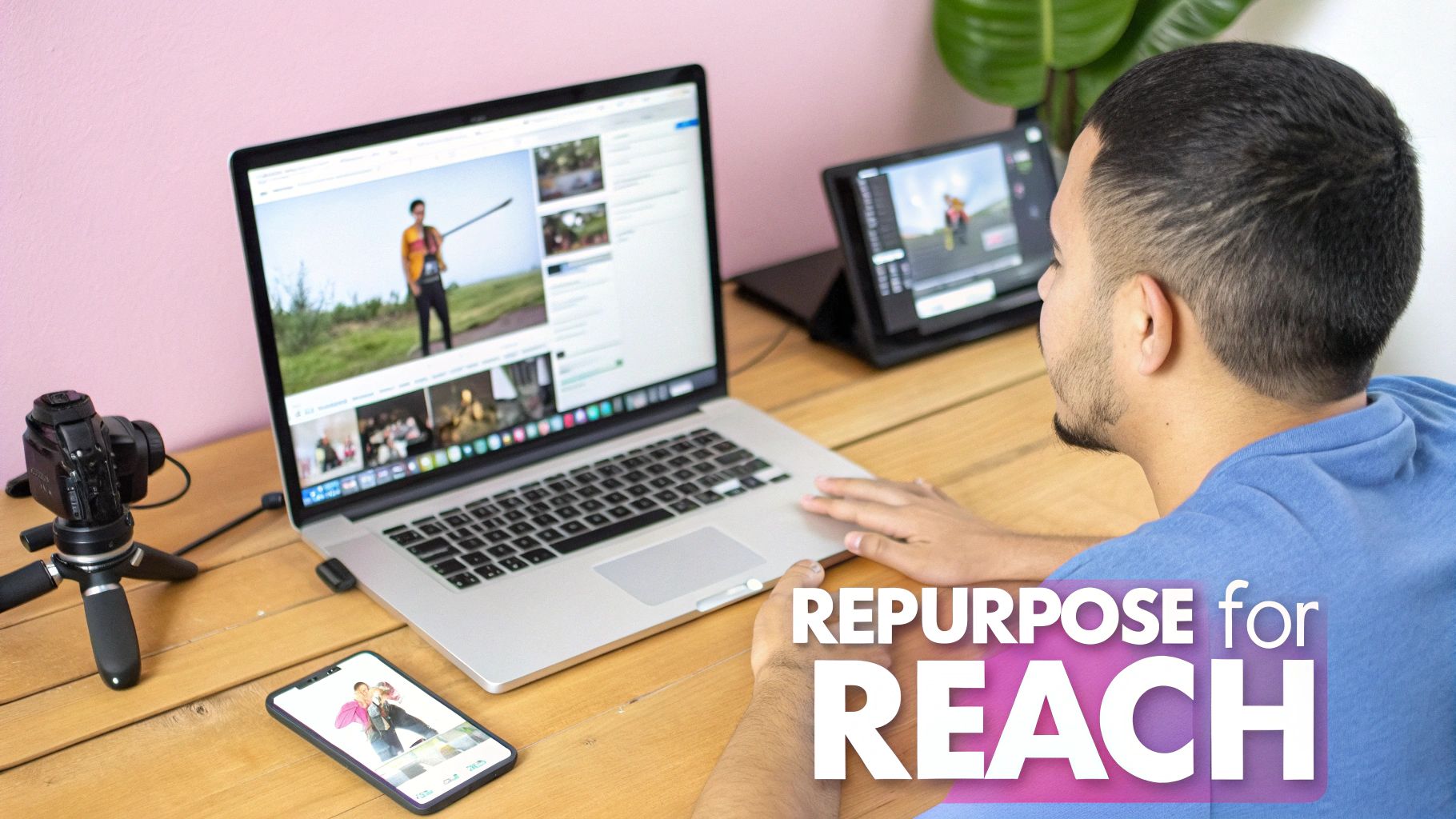 A man sitting at a desk, editing videos and images on a laptop and tablet, for content repurposing.