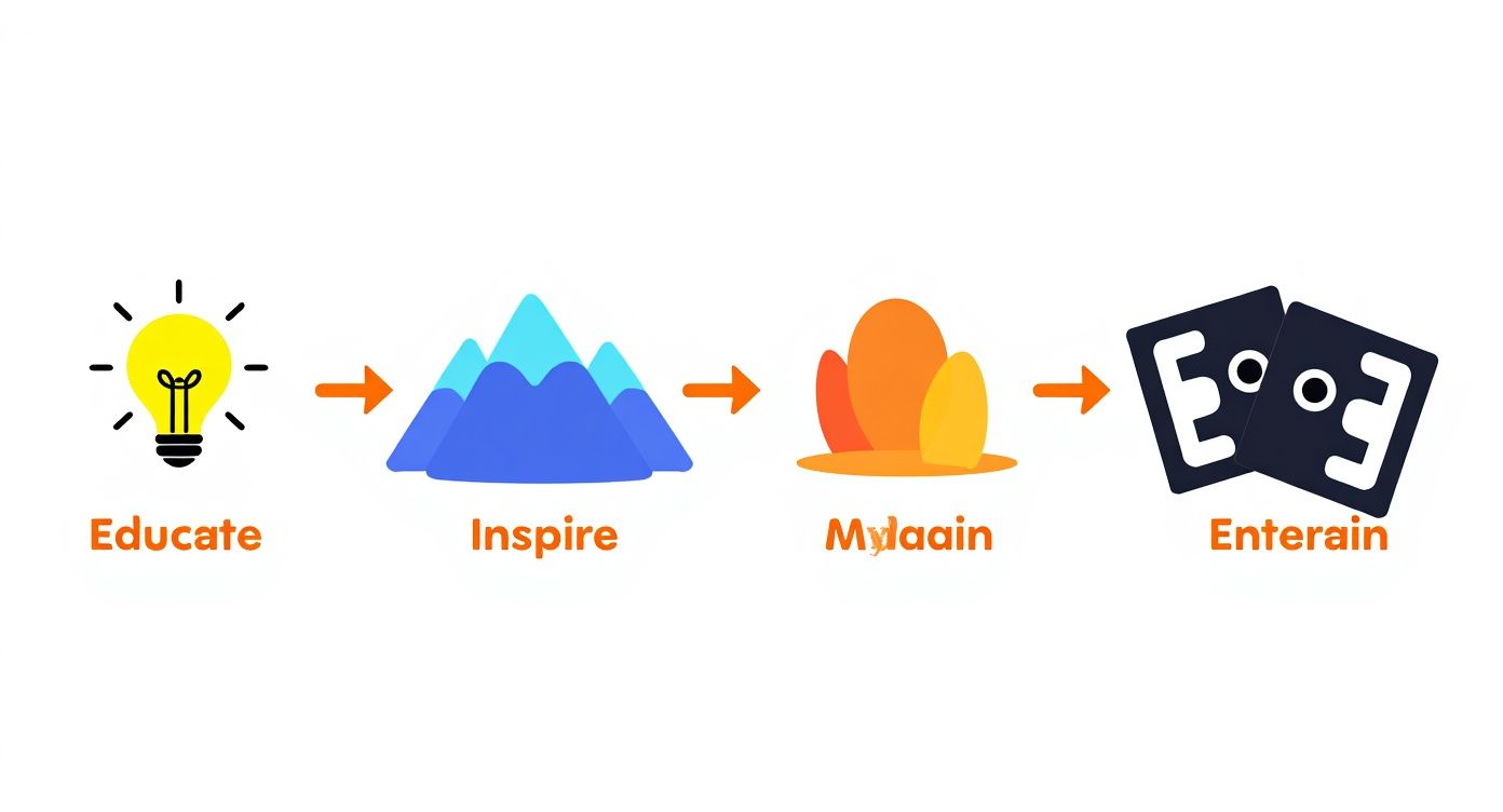 An infographic illustrating a three-step process for creating viral content, with icons for Educate, Inspire, and Entertain.