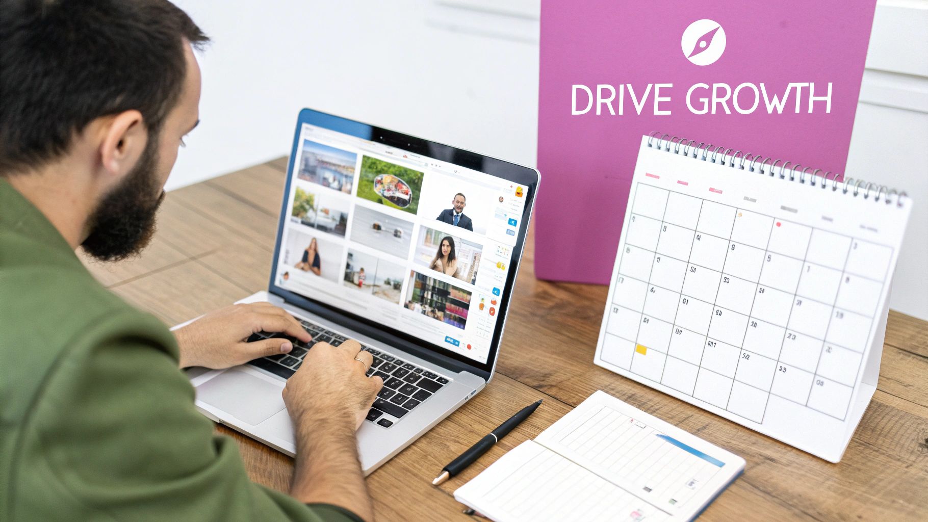 A man works on a laptop displaying various images, next to a calendar and 'DRIVE GROWTH' binder.