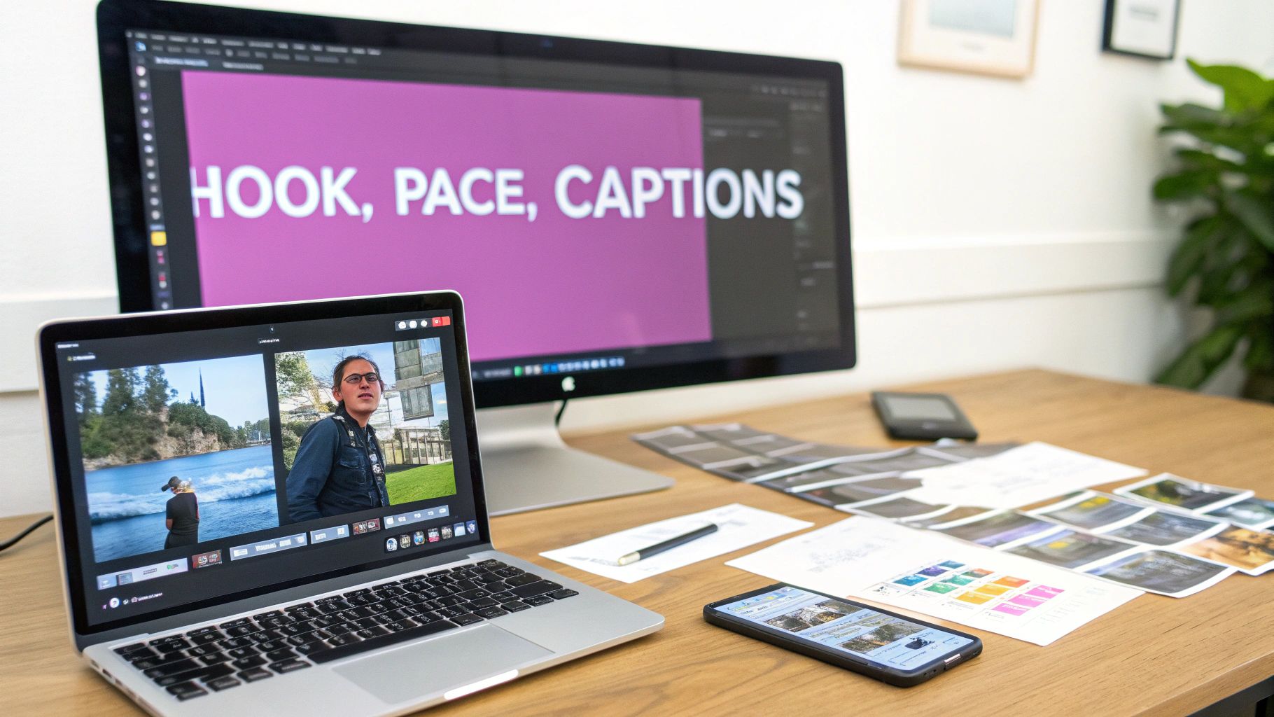 A person editing a video on a laptop with social media icons in the background.