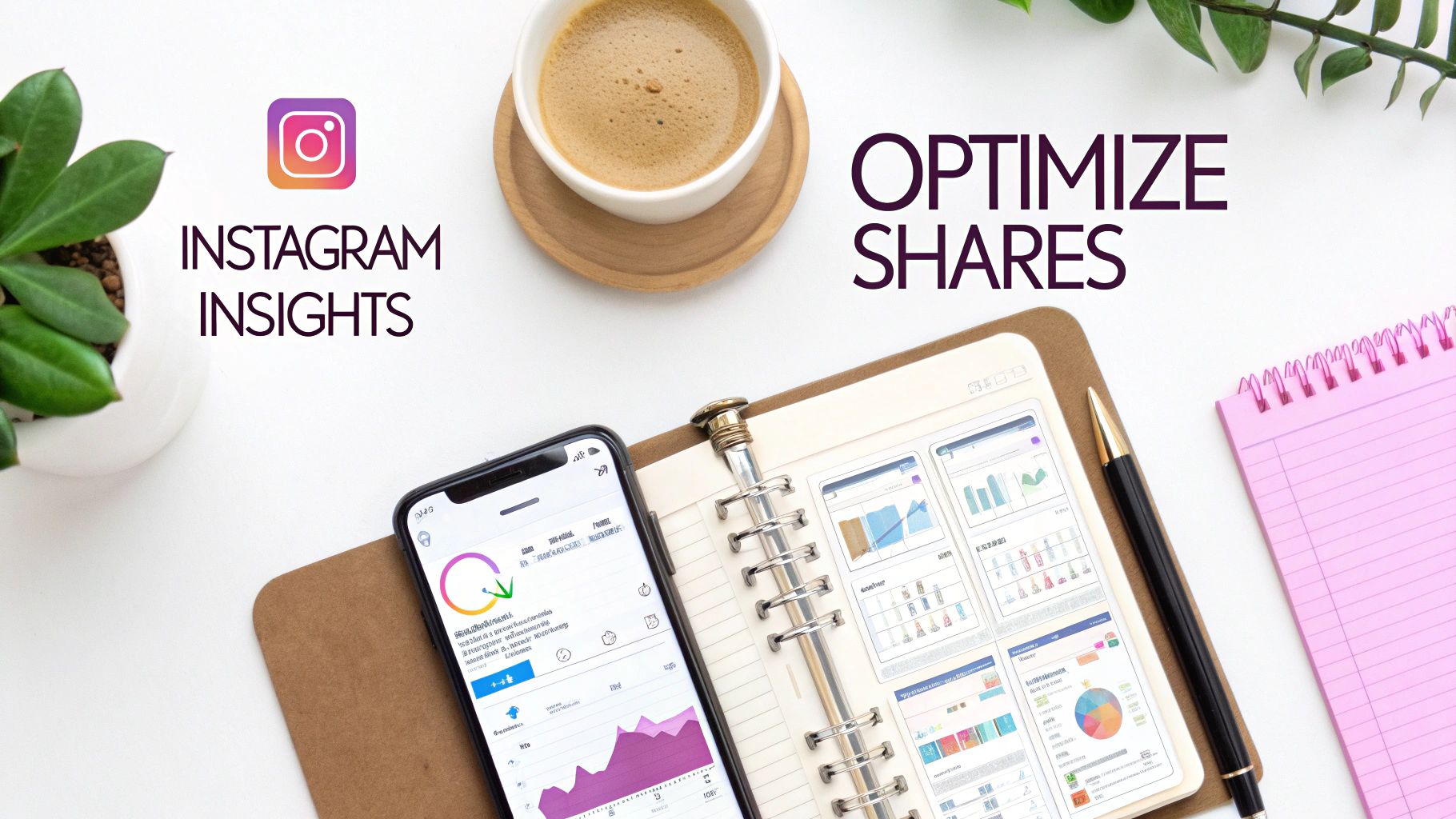 Flat lay of a workspace with a phone displaying Instagram Insights, a notebook, coffee, and text 'Optimize Shares'.