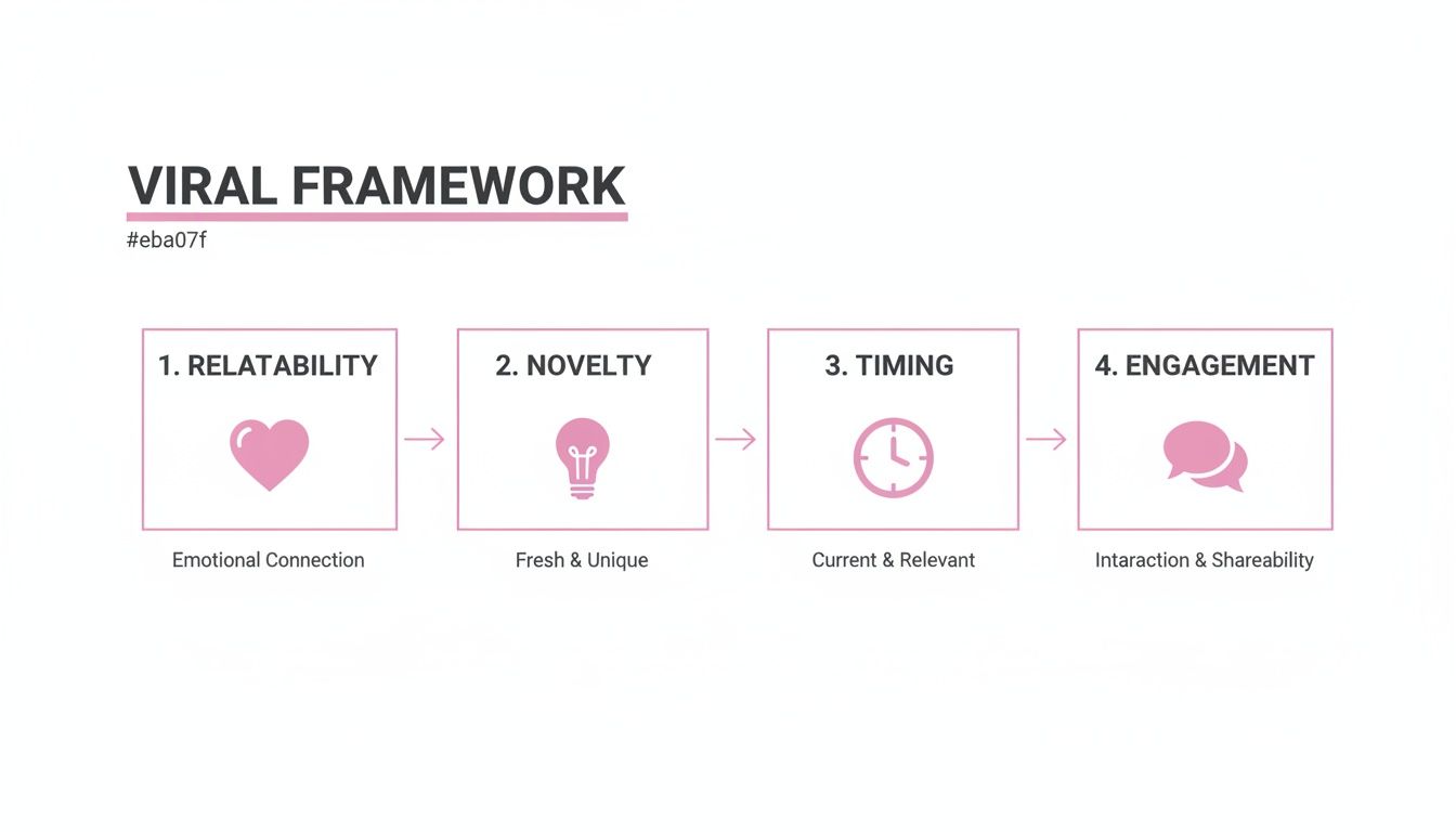 A diagram illustrating the Viral Framework with four steps: Relatability, Novelty, Timing, and Engagement.