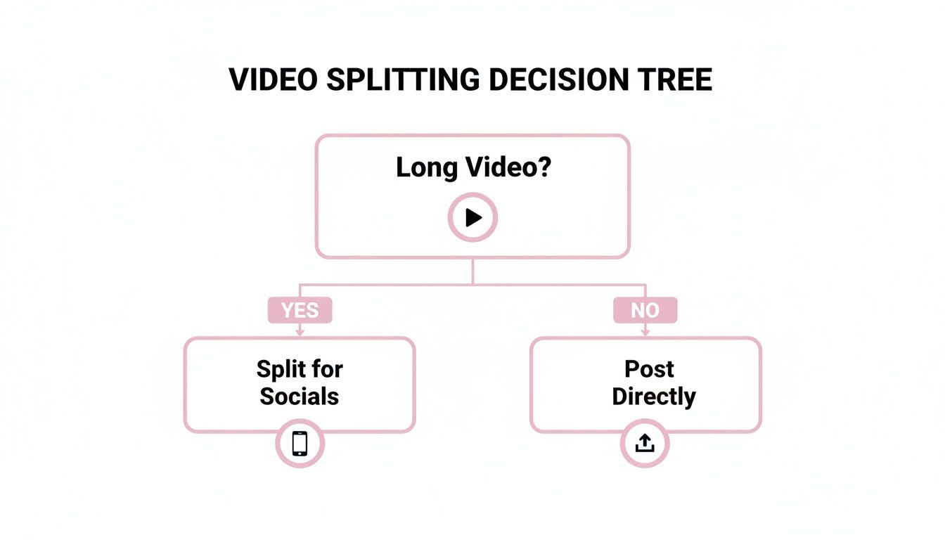 A video splitting decision tree flowchart. If it's a long video, split for socials. If not, post directly.