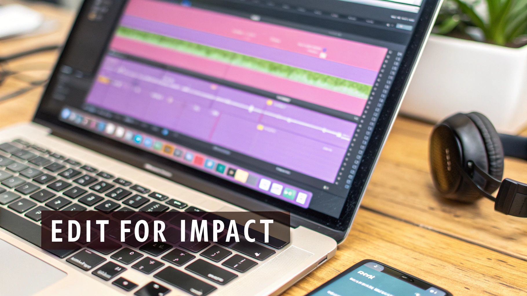A laptop displaying video editing software, with headphones and a smartphone on a wooden desk, featuring "EDIT FOR IMPACT" text.