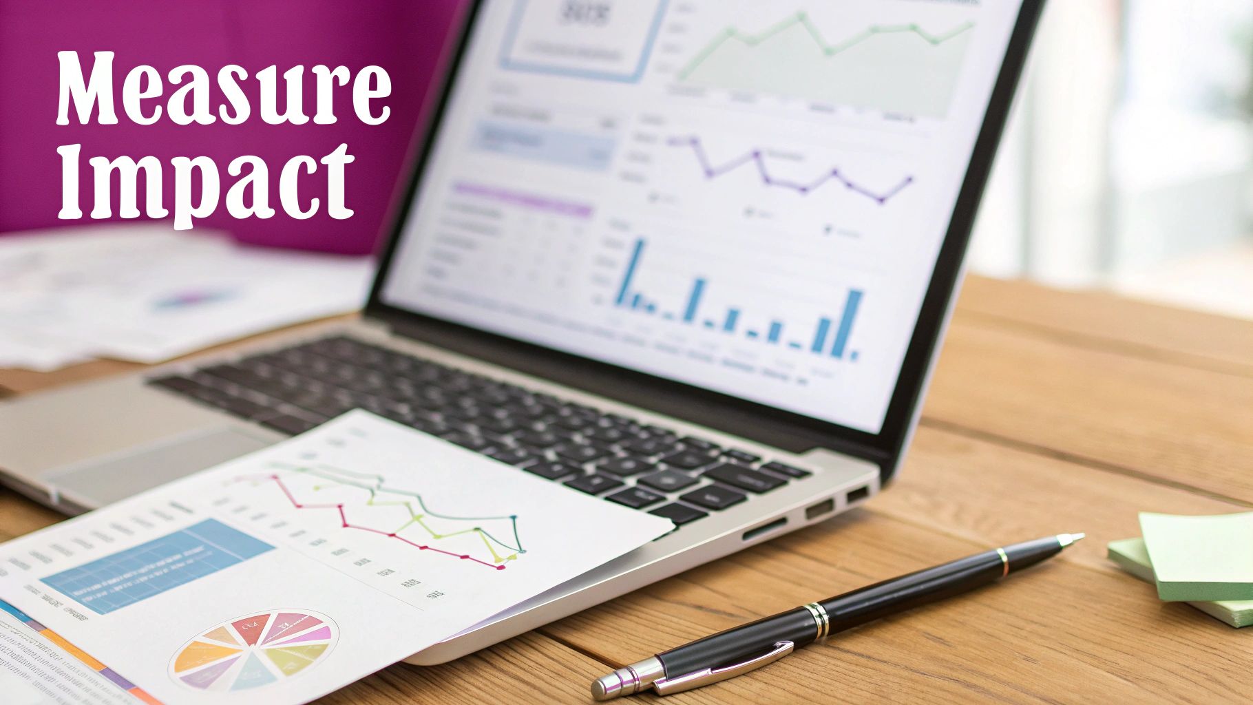 A laptop displaying data analytics charts, a printed report, and a pen on a wooden desk with "Measure Impact" text.