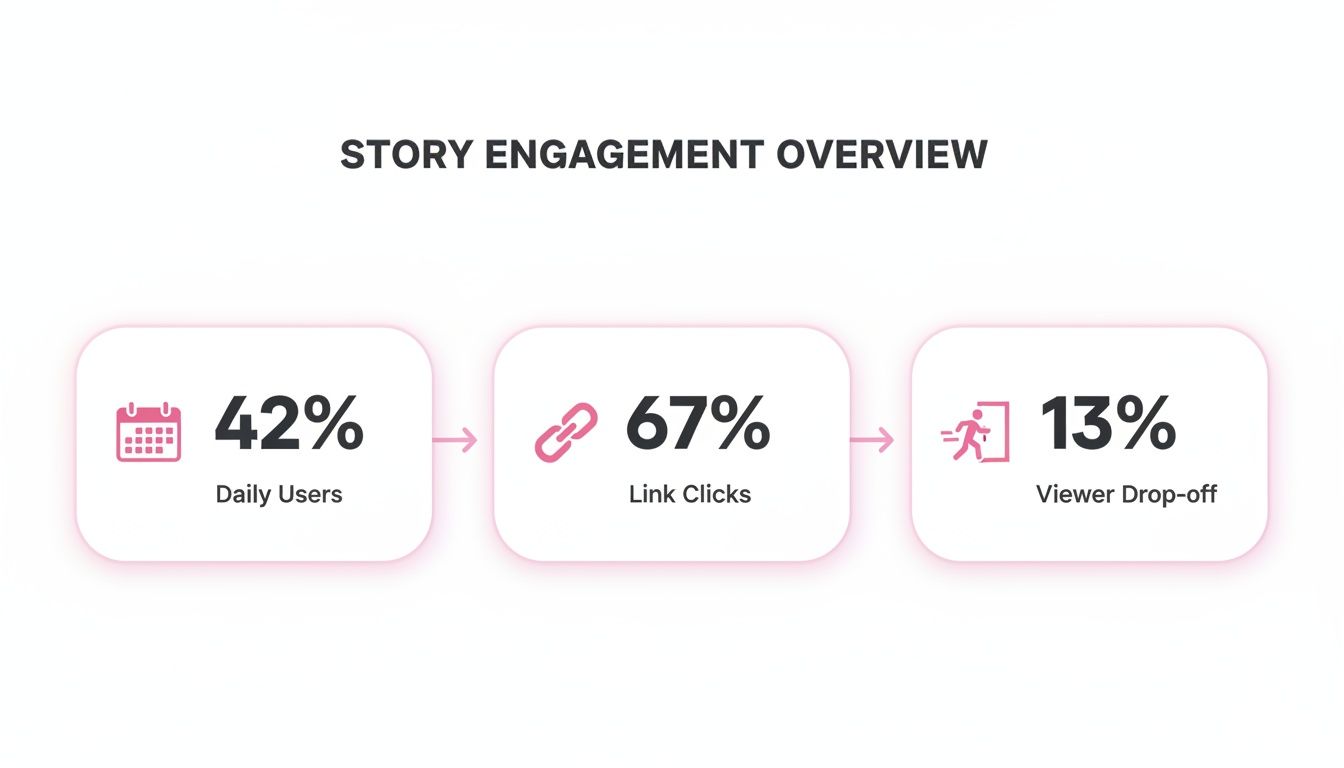 Infographic showing story engagement overview with daily users, link clicks, and viewer drop-off percentages.