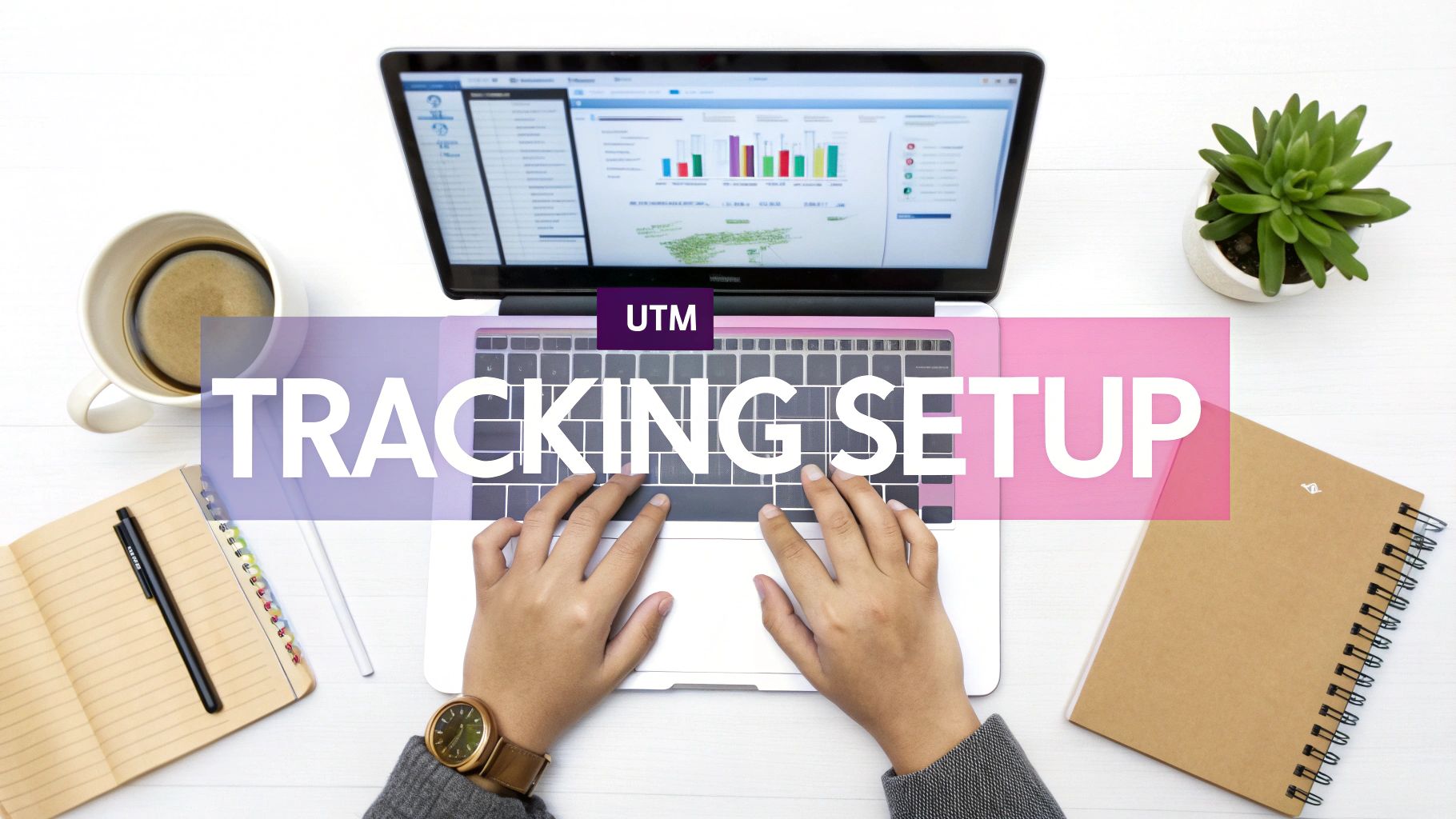 Overhead view of hands typing on a laptop with 'UTM Tracking Setup' text overlay.
