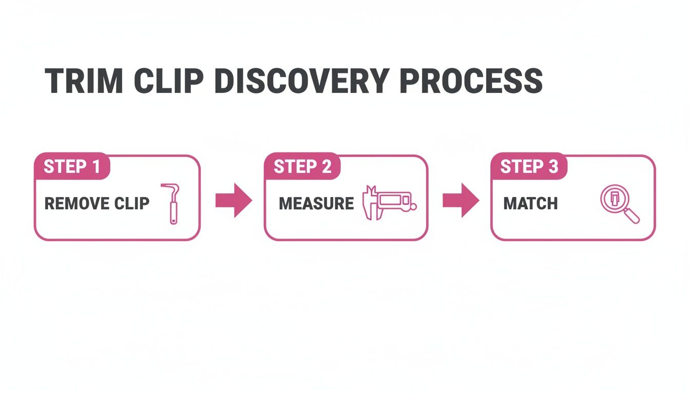A diagram illustrating the trim clip discovery process with steps for removal, measurement, and matching.
