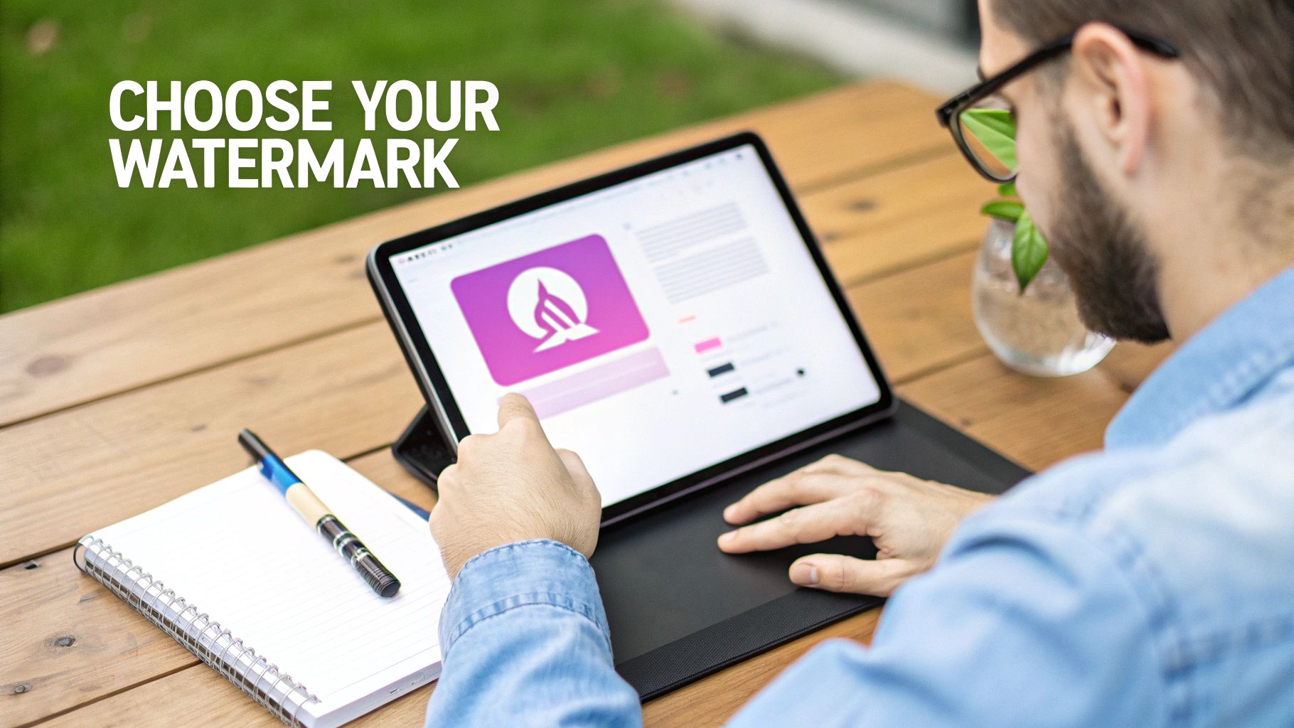 Close-up of a man choosing a custom watermark design on a tablet outdoors.