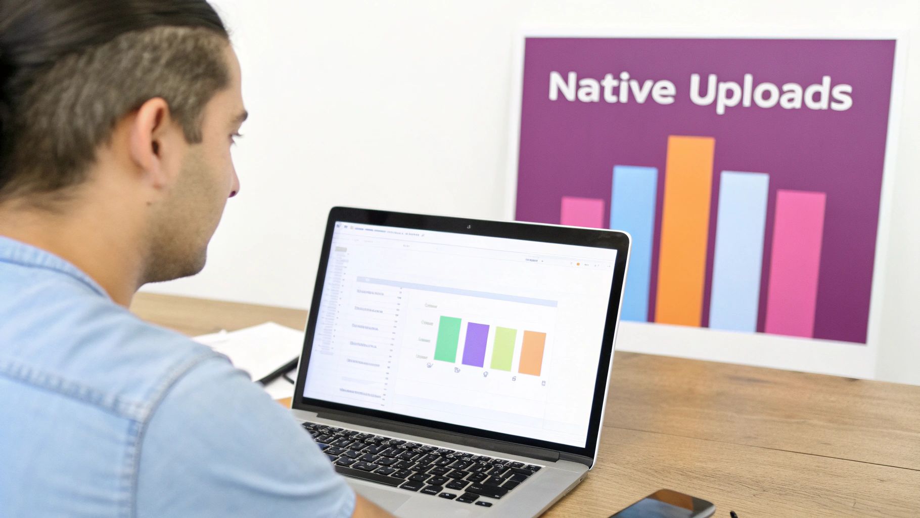 A person views data charts on a laptop screen, with a 'Native Uploads' poster in the background.