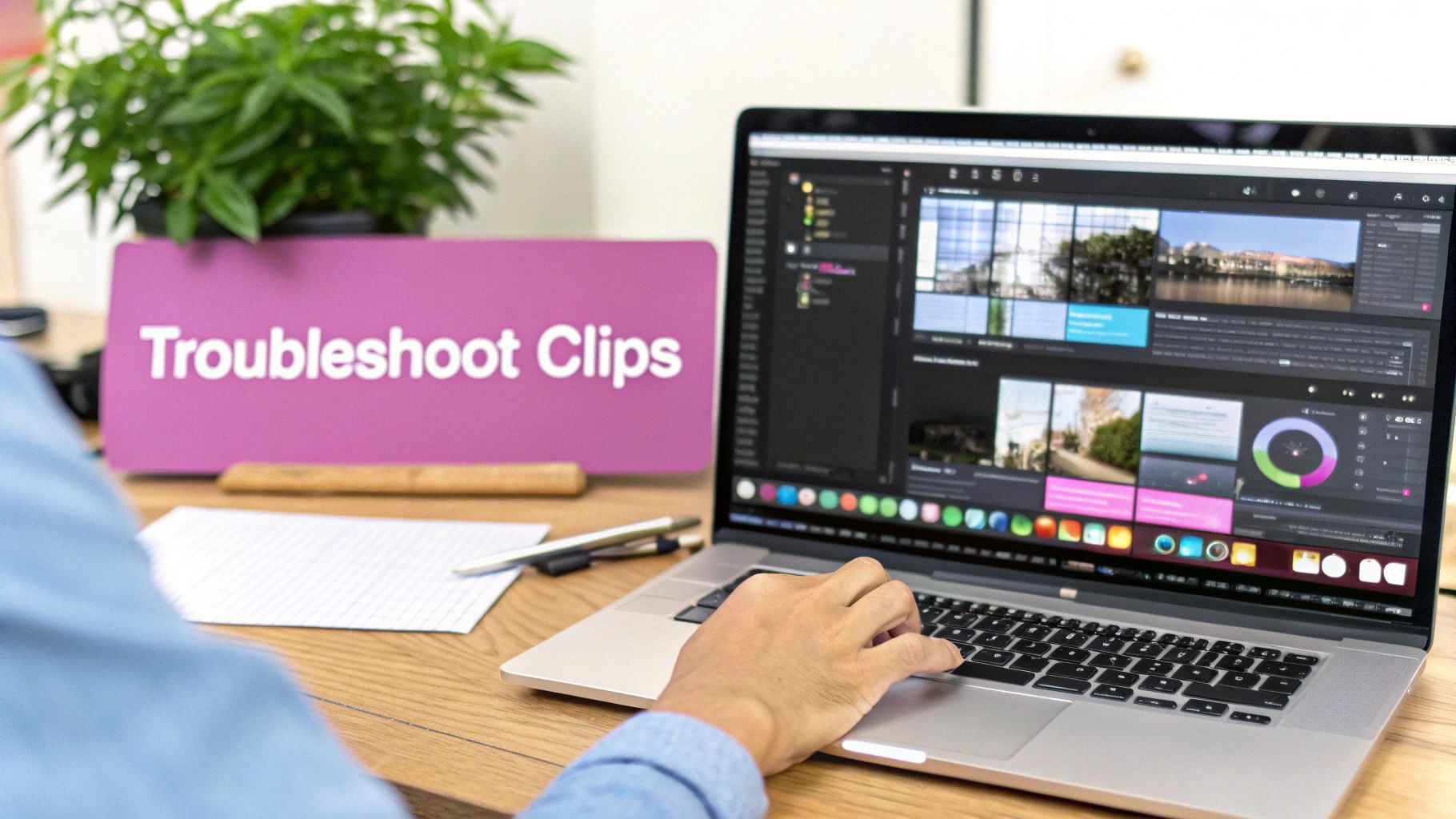 A person's hand on a laptop keyboard displaying video editing software with clips, next to a 'Troubleshoot Clips' sign.