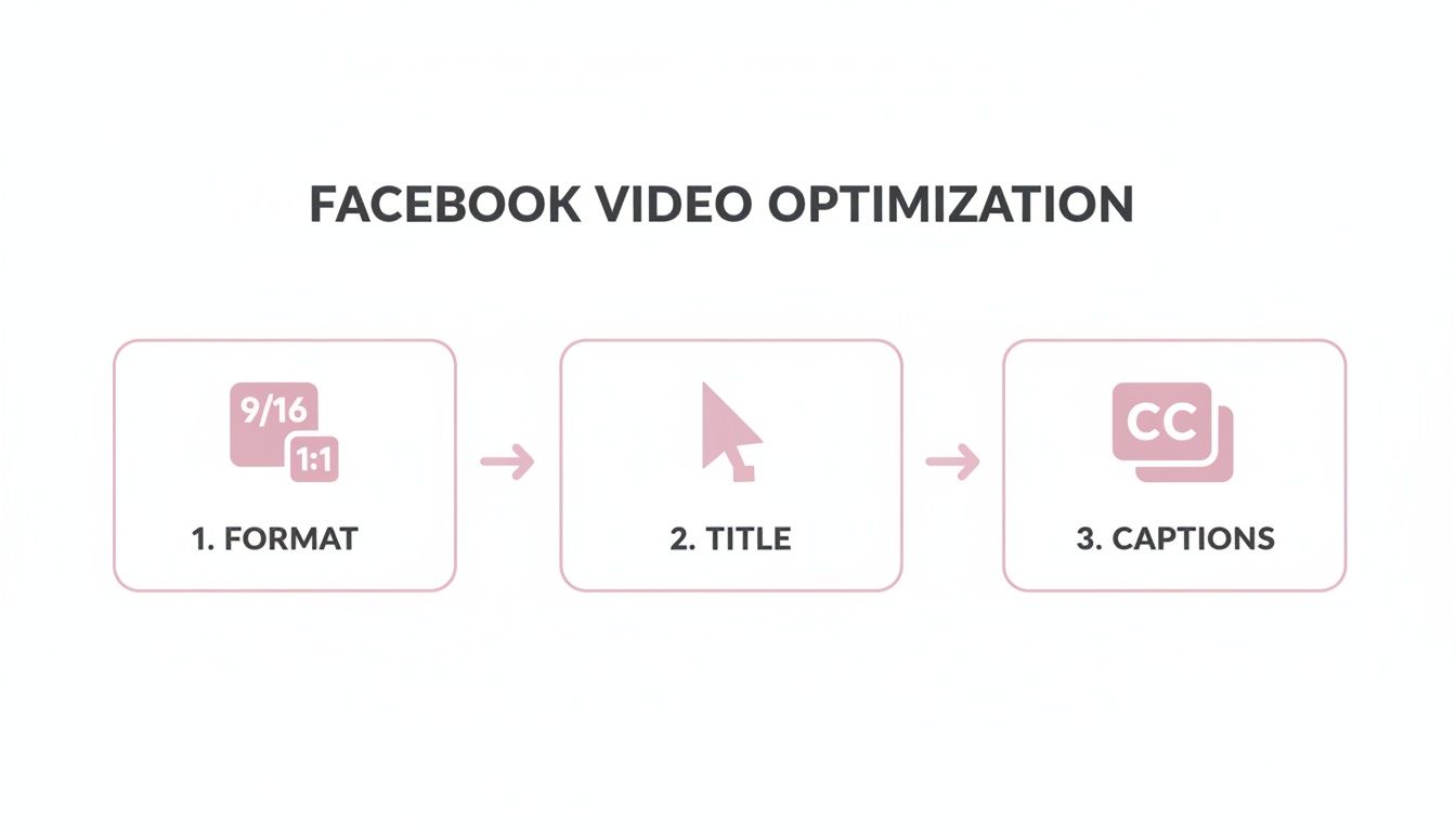 A diagram illustrating Facebook video optimization steps: video format, title, and closed captions.