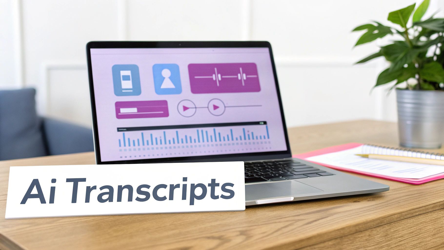 Laptop displaying AI transcription software interface with graphs and icons, next to a 'Ai Transcripts' sign.