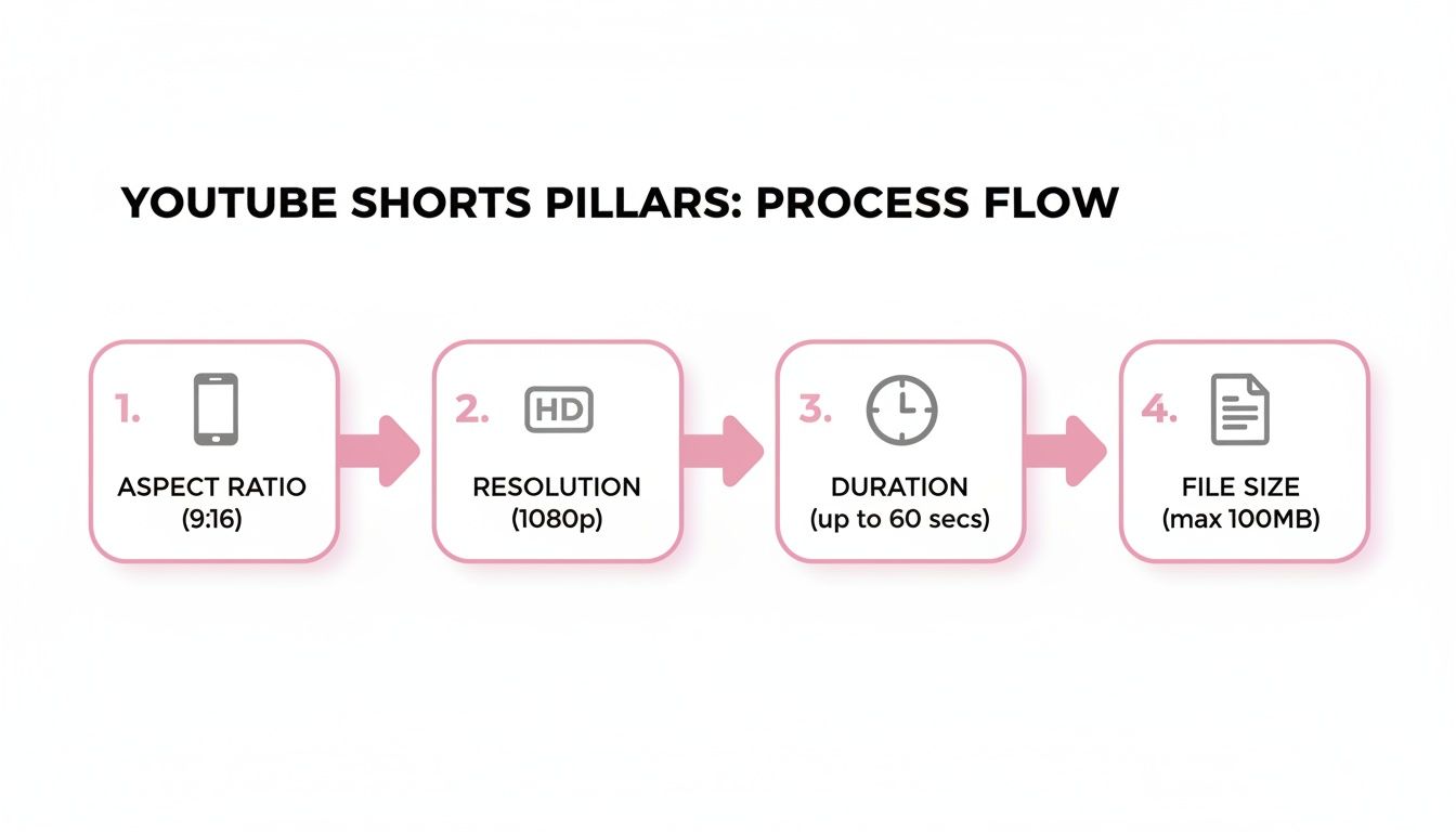 Flowchart detailing the four pillars of YouTube Shorts requirements: aspect ratio, resolution, duration, and file size.