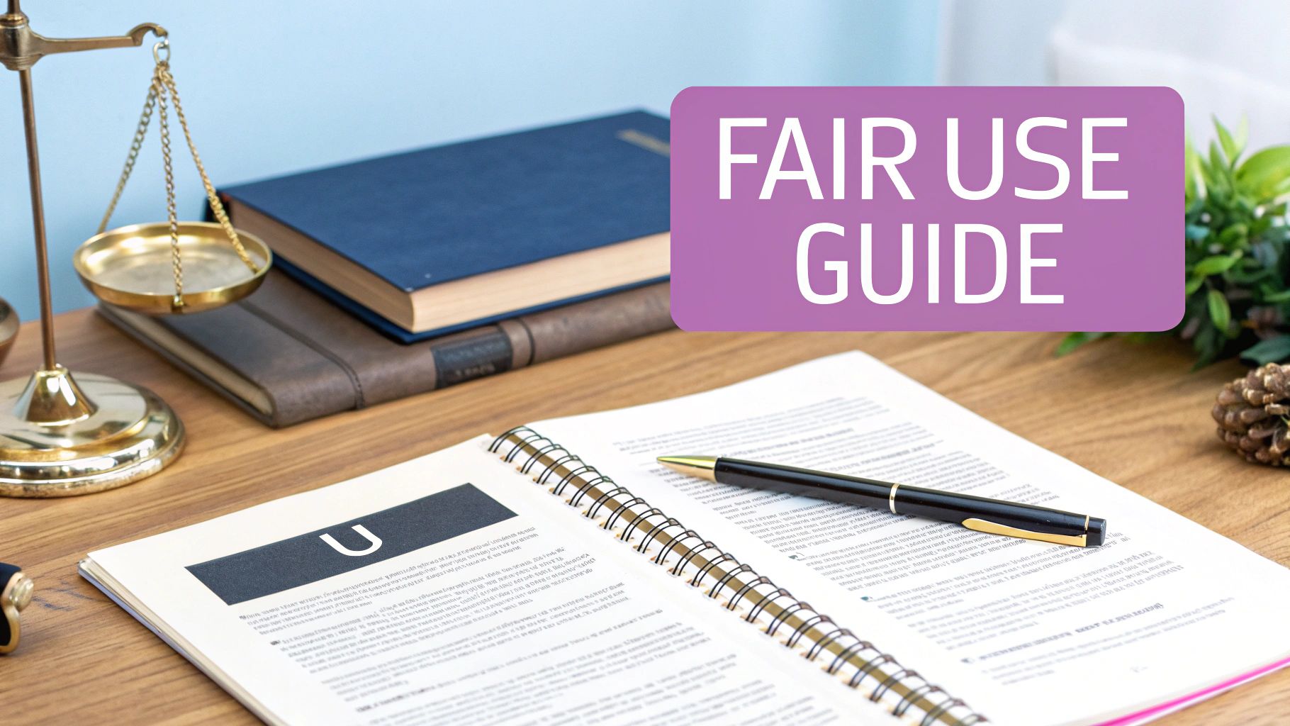 A 'FAIR USE GUIDE' text overlay on a desk with scales of justice, books, and an open notebook.