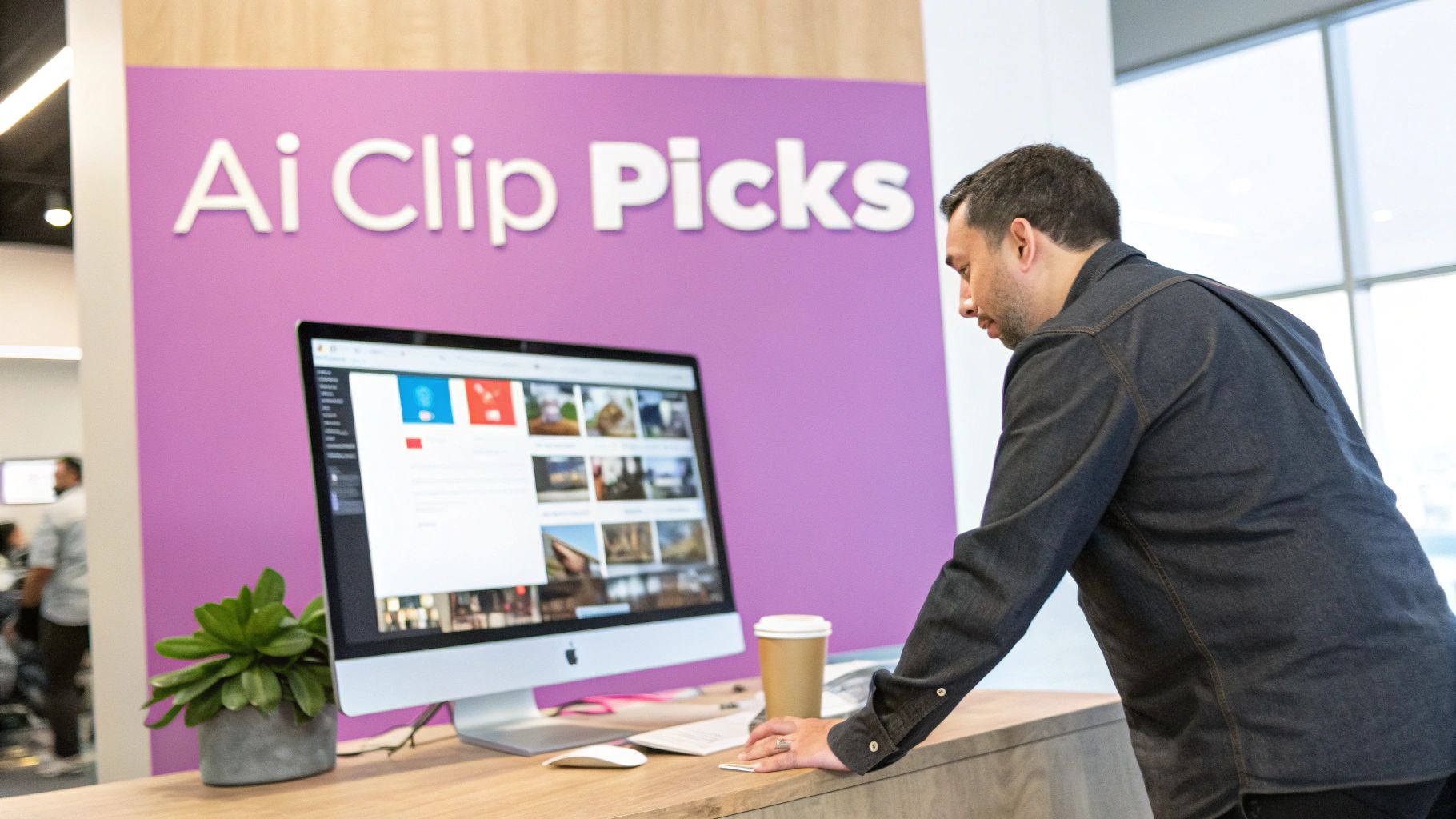 A man in a denim shirt looks at an iMac displaying image selections under an "Ai Clip Picks" sign.