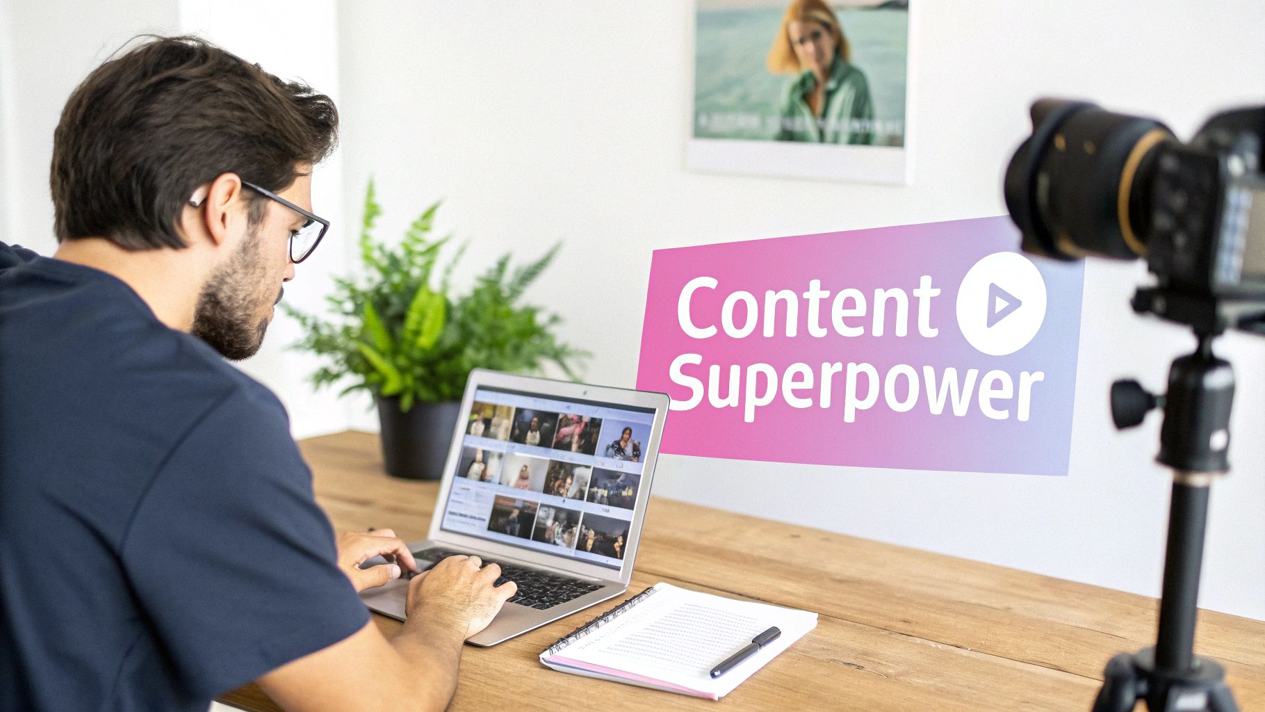 A man works on a laptop at a desk, with a camera and a 'Content Superpower' sign nearby.
