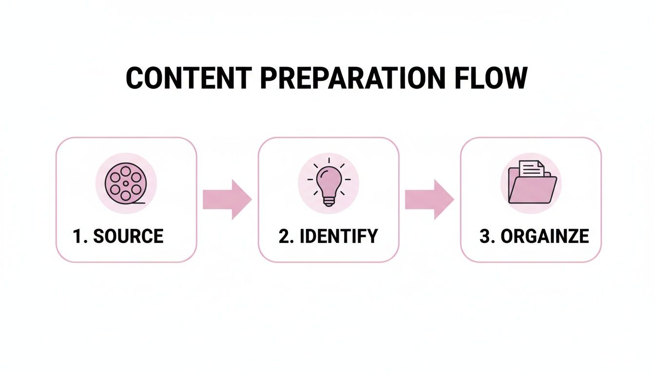 A content preparation flow diagram showing three steps: Source, Identify, and Organize, with icons.