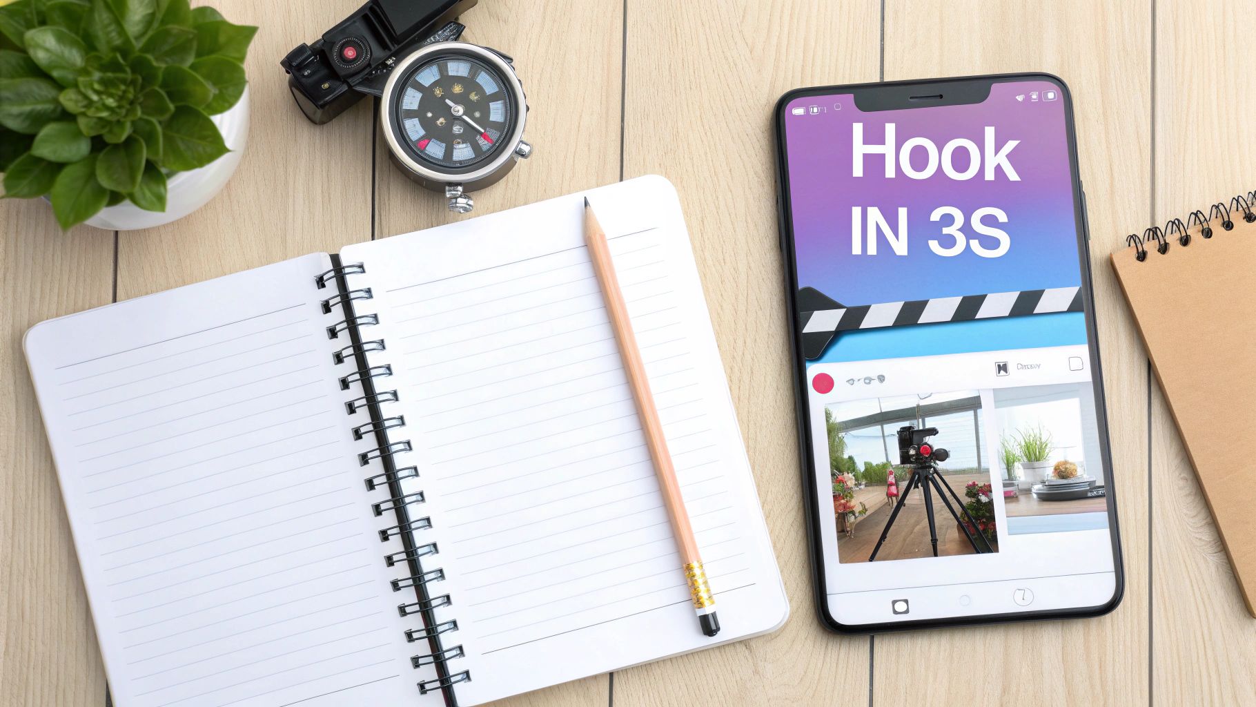 A flat lay of a wooden desk with a smartphone displaying 'Hook IN 3S' and a video editing interface, an open notebook with a pencil, a plant, a camera, and a compass.