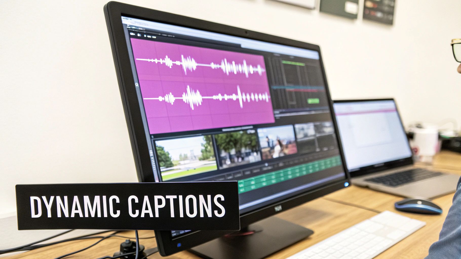 A computer monitor showing video editing software with audio waveforms and a "DYNAMIC CAPTIONS" sign on a desk.