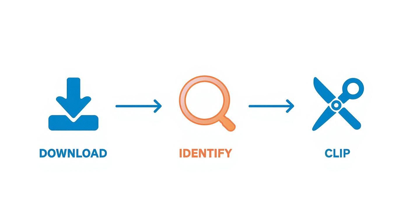 Infographic showing the process of downloading, identifying, and clipping a video.