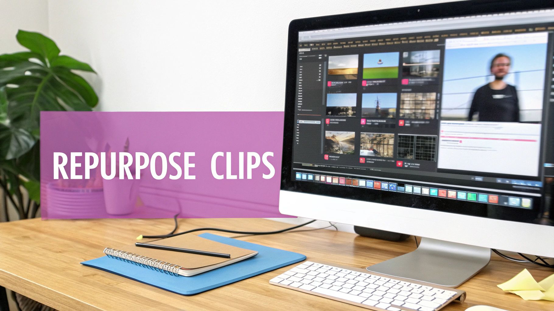 A creator's desk with a laptop showing video editing software, a camera, and a phone displaying a YouTube Short.