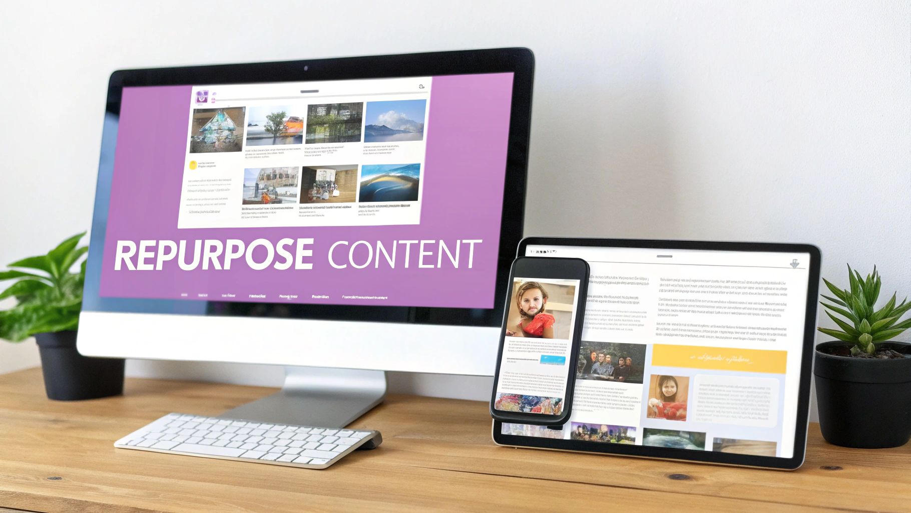 Desktop, tablet, and phone displaying 'REPURPOSE CONTENT' and website layouts on a wooden desk.
