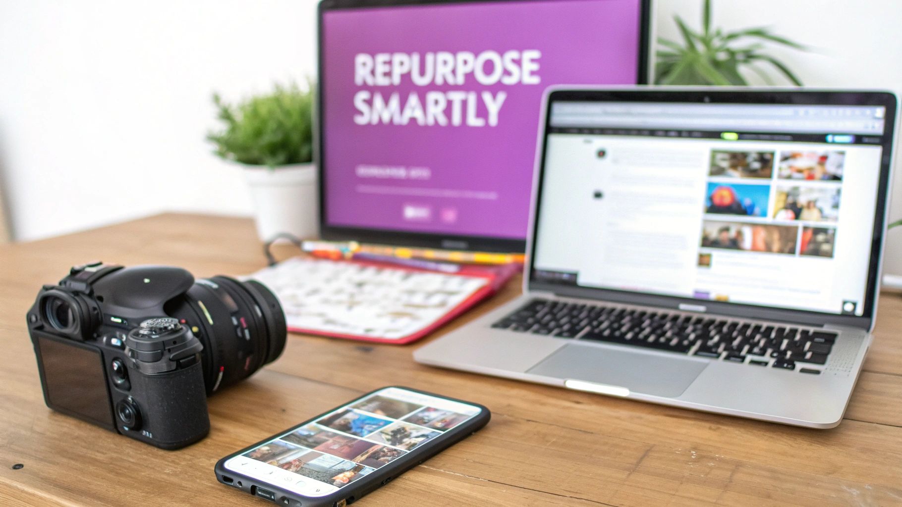 A creator's smartphone showing an Instagram Reel next to a laptop displaying a YouTube video, symbolizing the repurposing of content.
