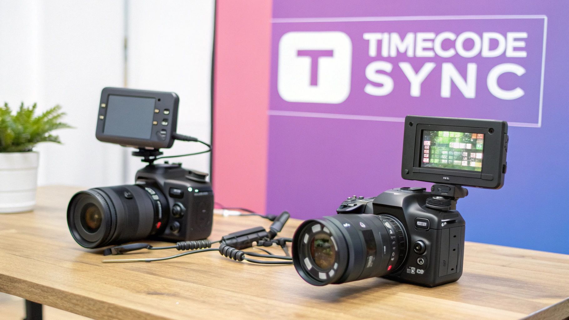 Two professional cameras with external monitors on a table, highlighting timecode sync technology.